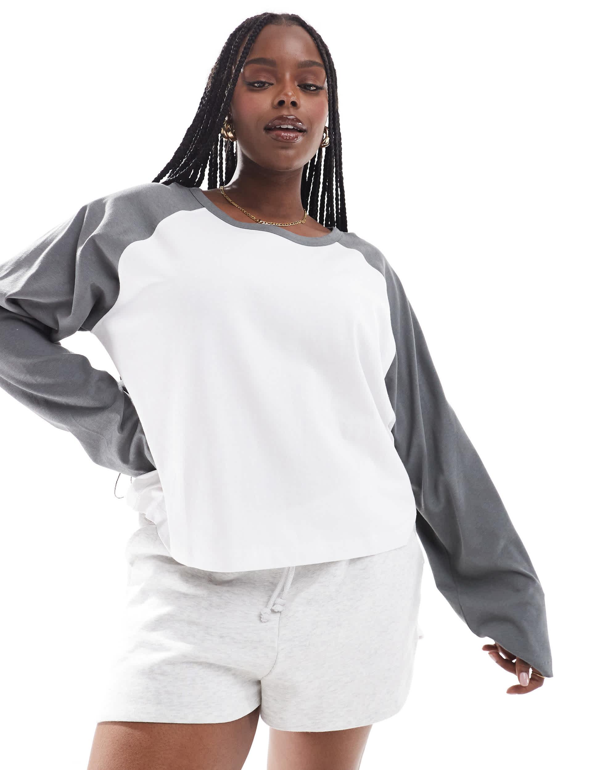 COLLUSION Plus raglan long sleeve boxy T-shirt in white