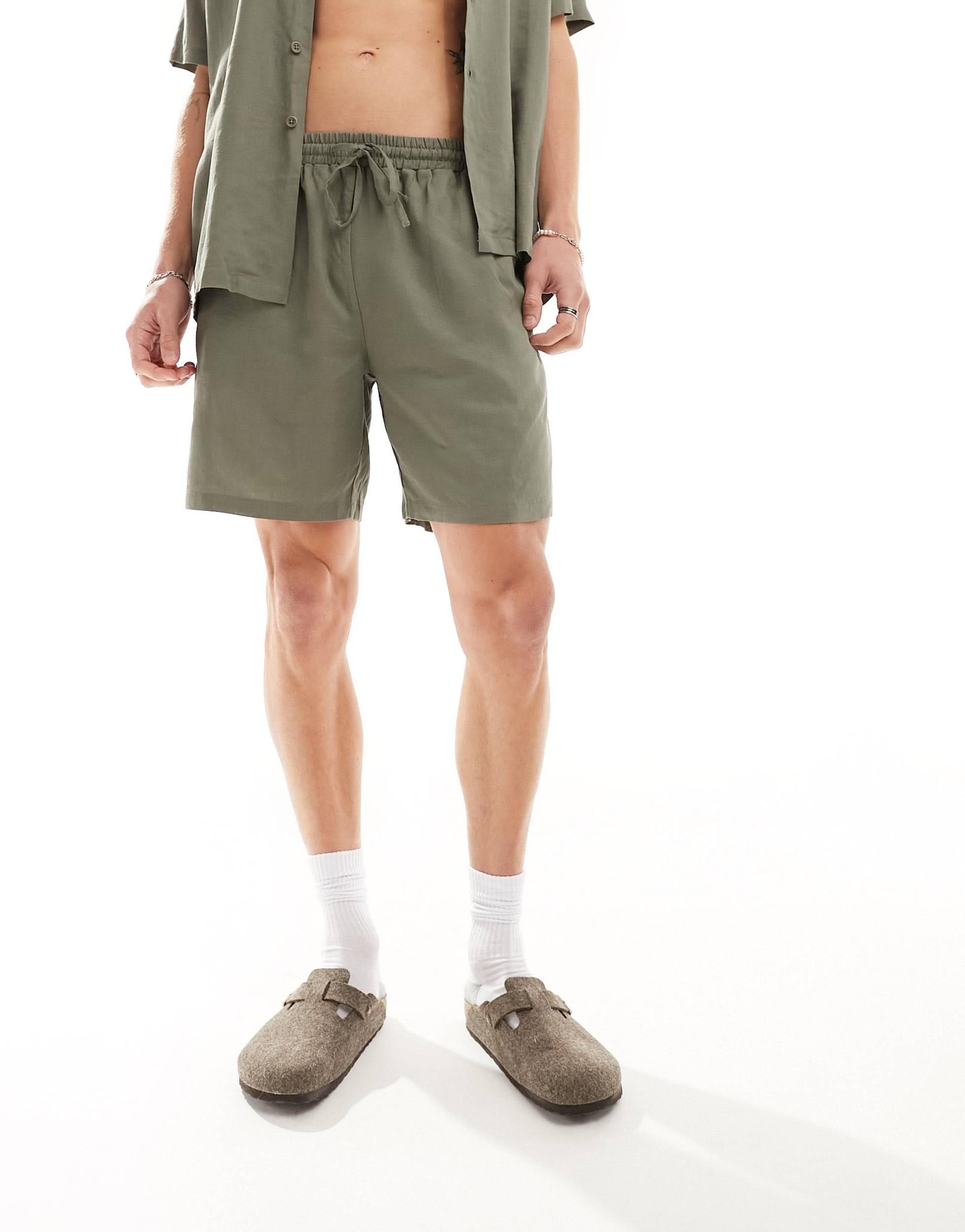 South Beach linen blend beach shorts in khaki