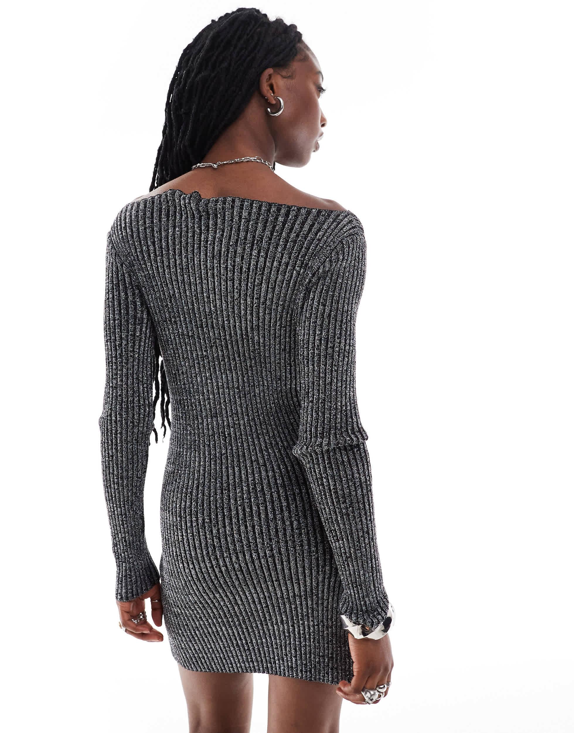 COLLUSION knit twinkle slash neck dress in black