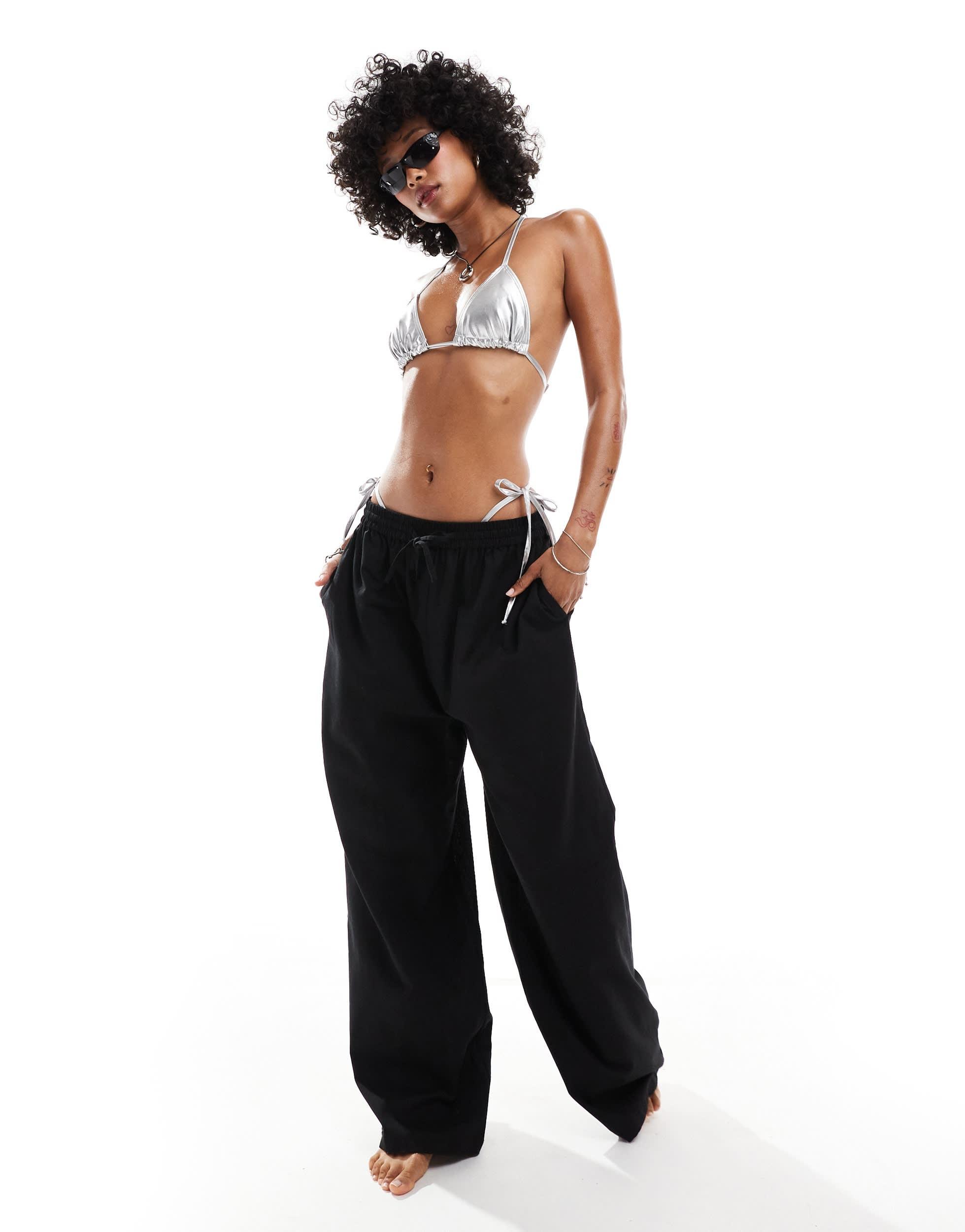 COLLUSION elastic waist linen beach pants in black