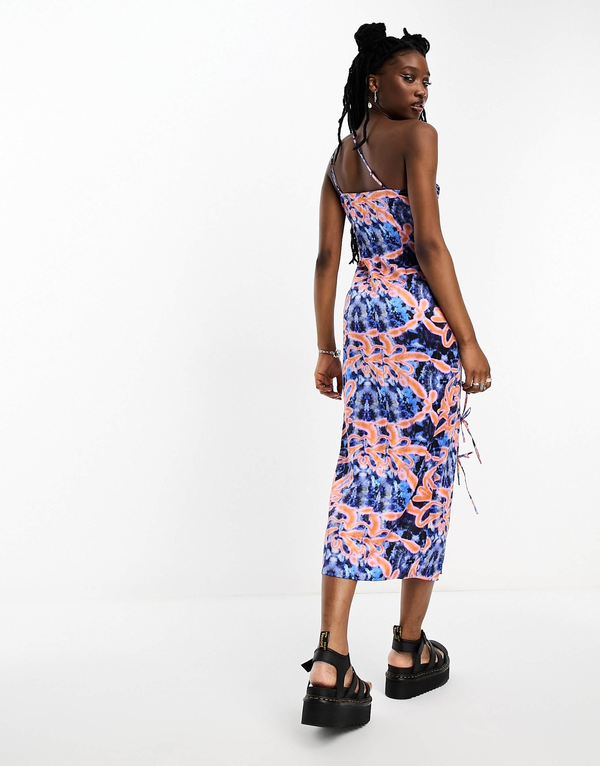 COLLUSION satin asymmetric strap detail summer midi dress in print