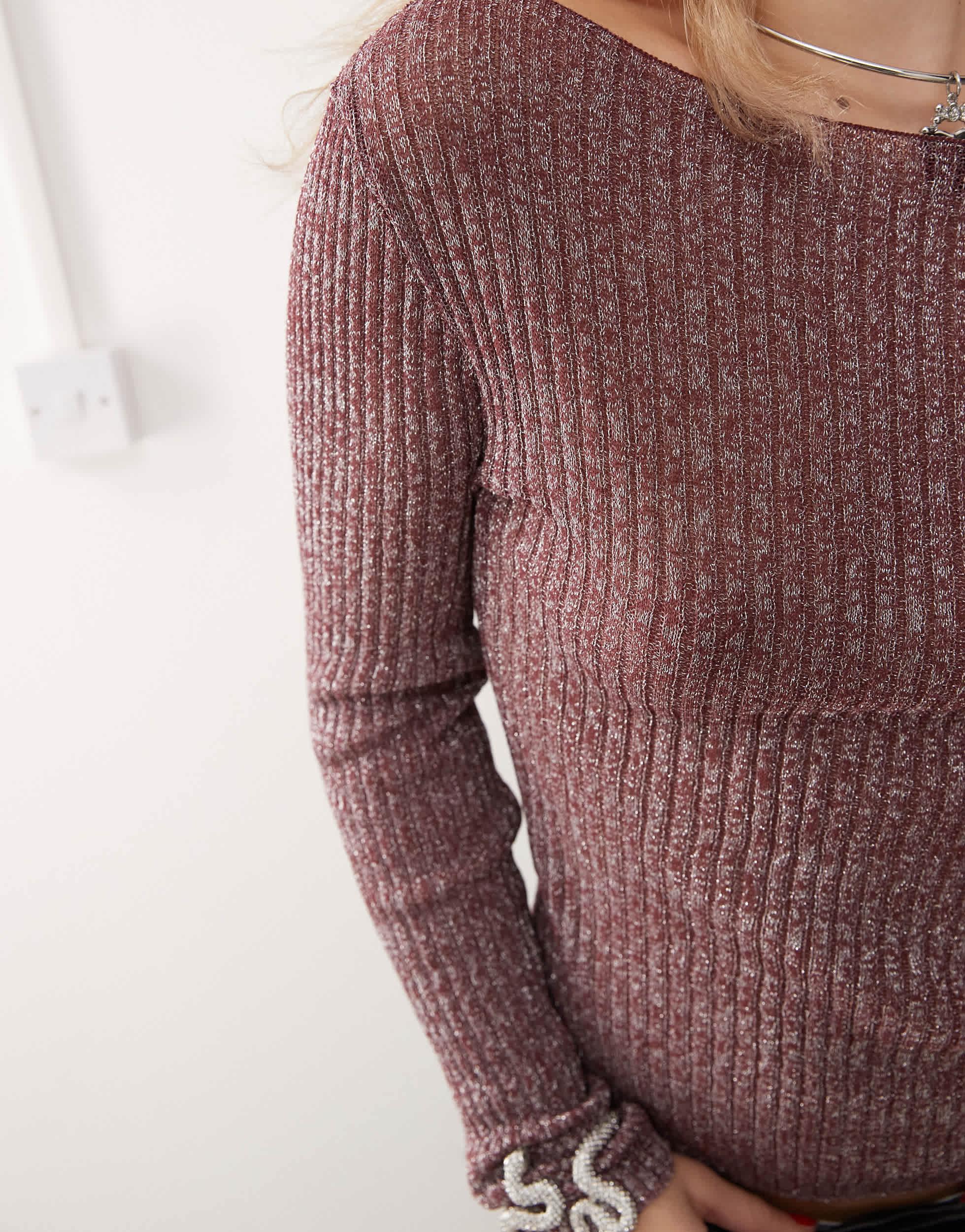 COLLUSION knit twinkle slash neck top in burgundy