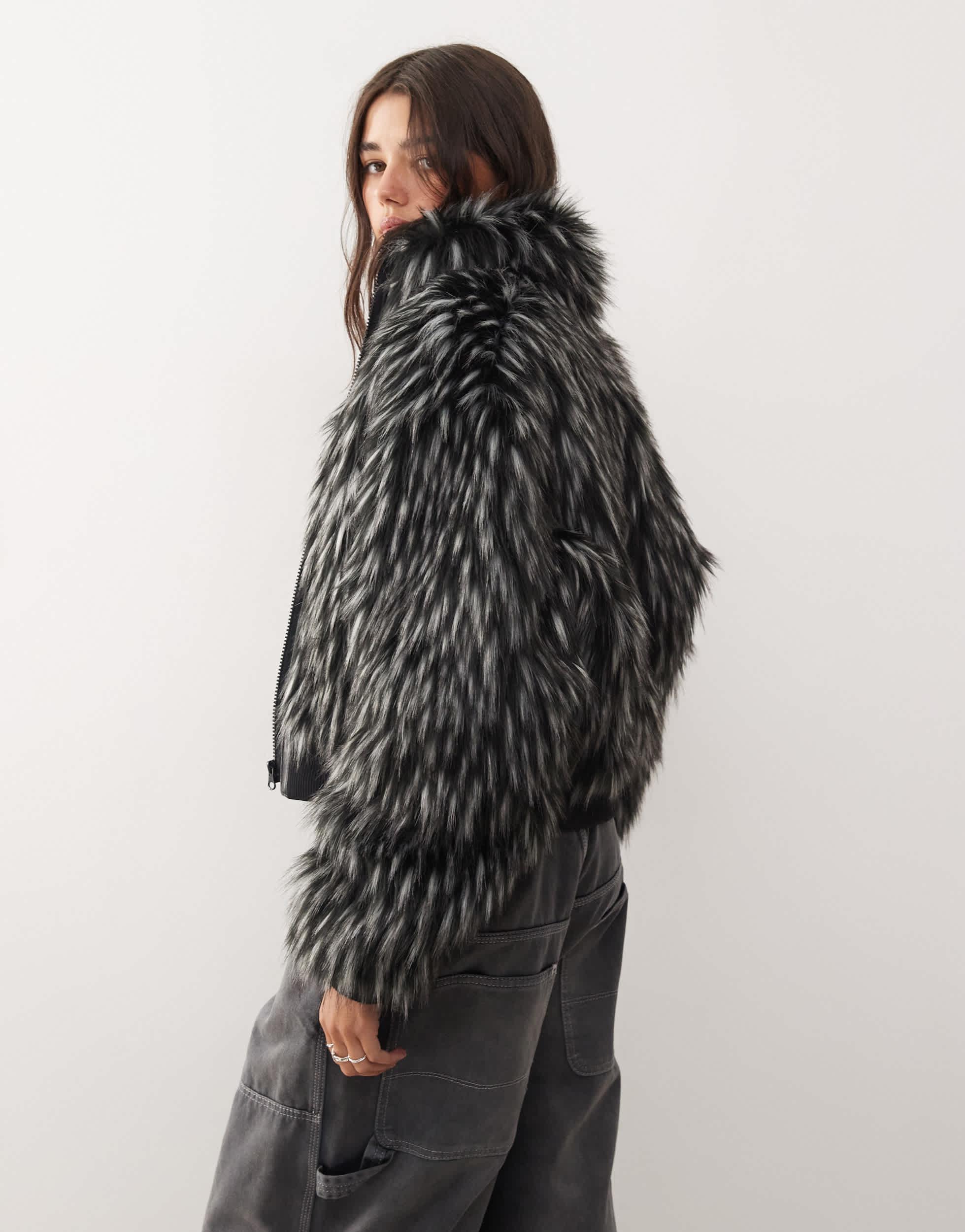 COLLUSION tipped faux fur short jacket in black