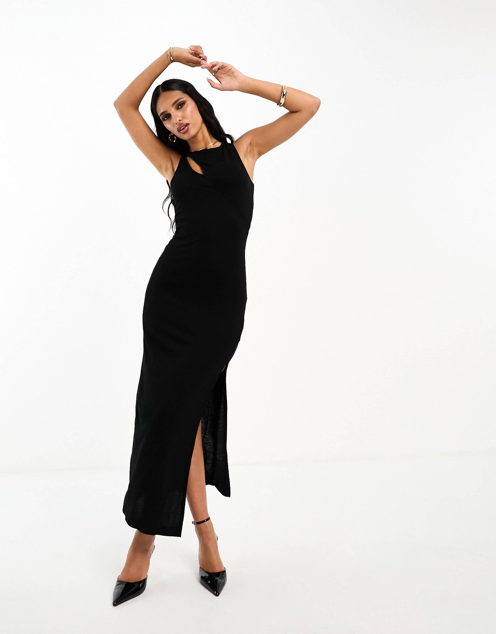 French Connection cut out fitted jersey midi dress in black