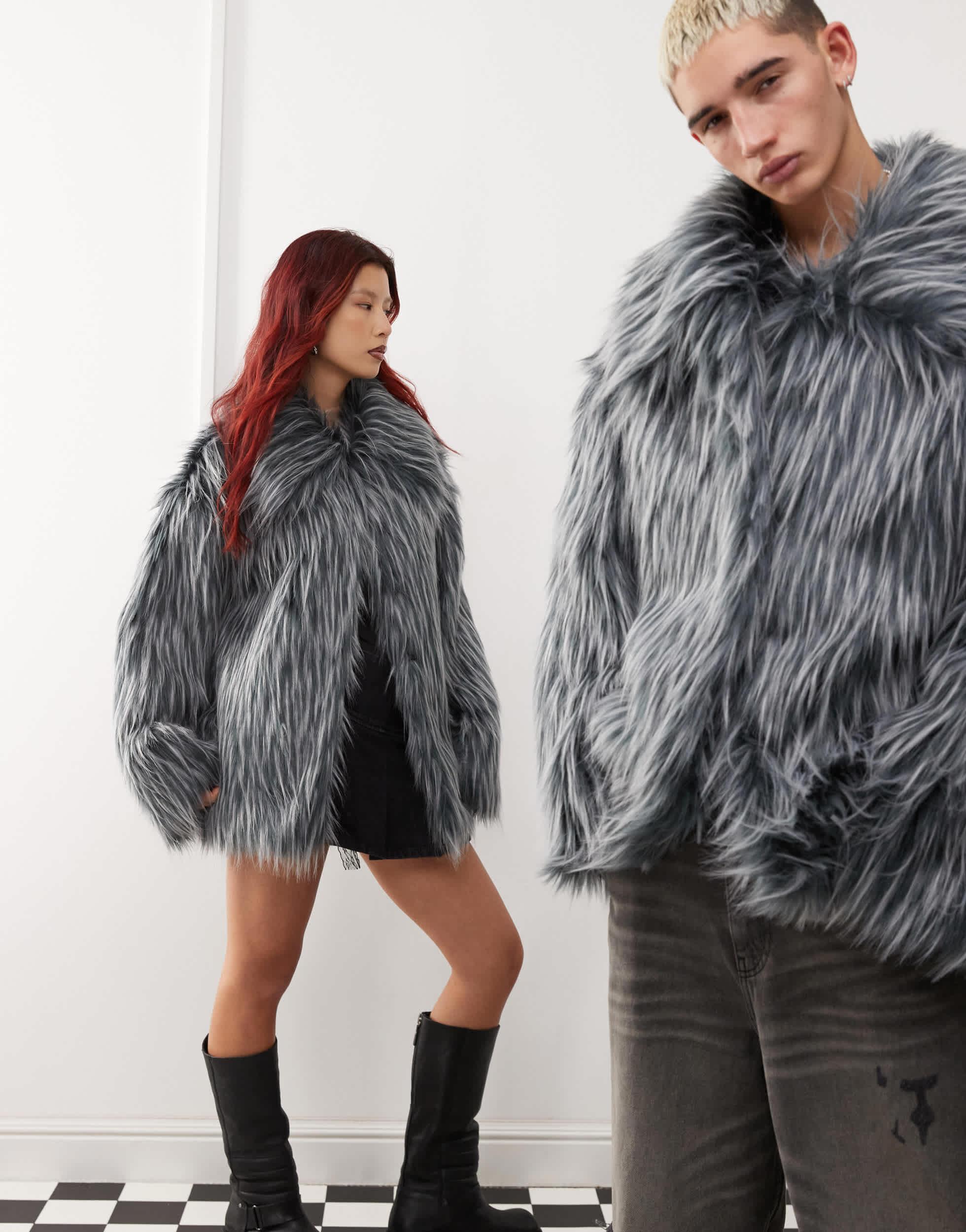 COLLUSION Unisex contrast tipped faux fur jacket in gray