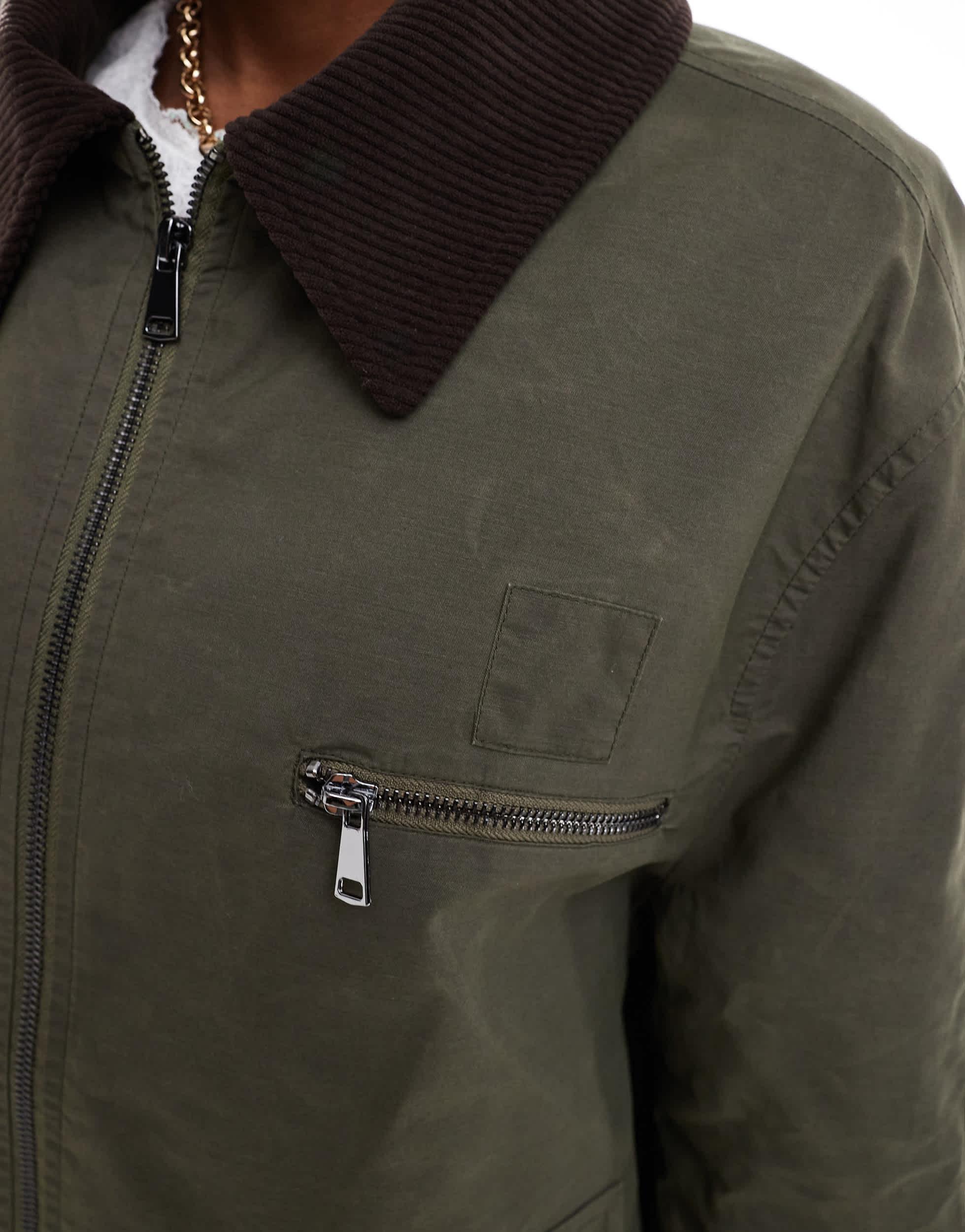 COLLUSION waxed jacket with cord collar in khaki