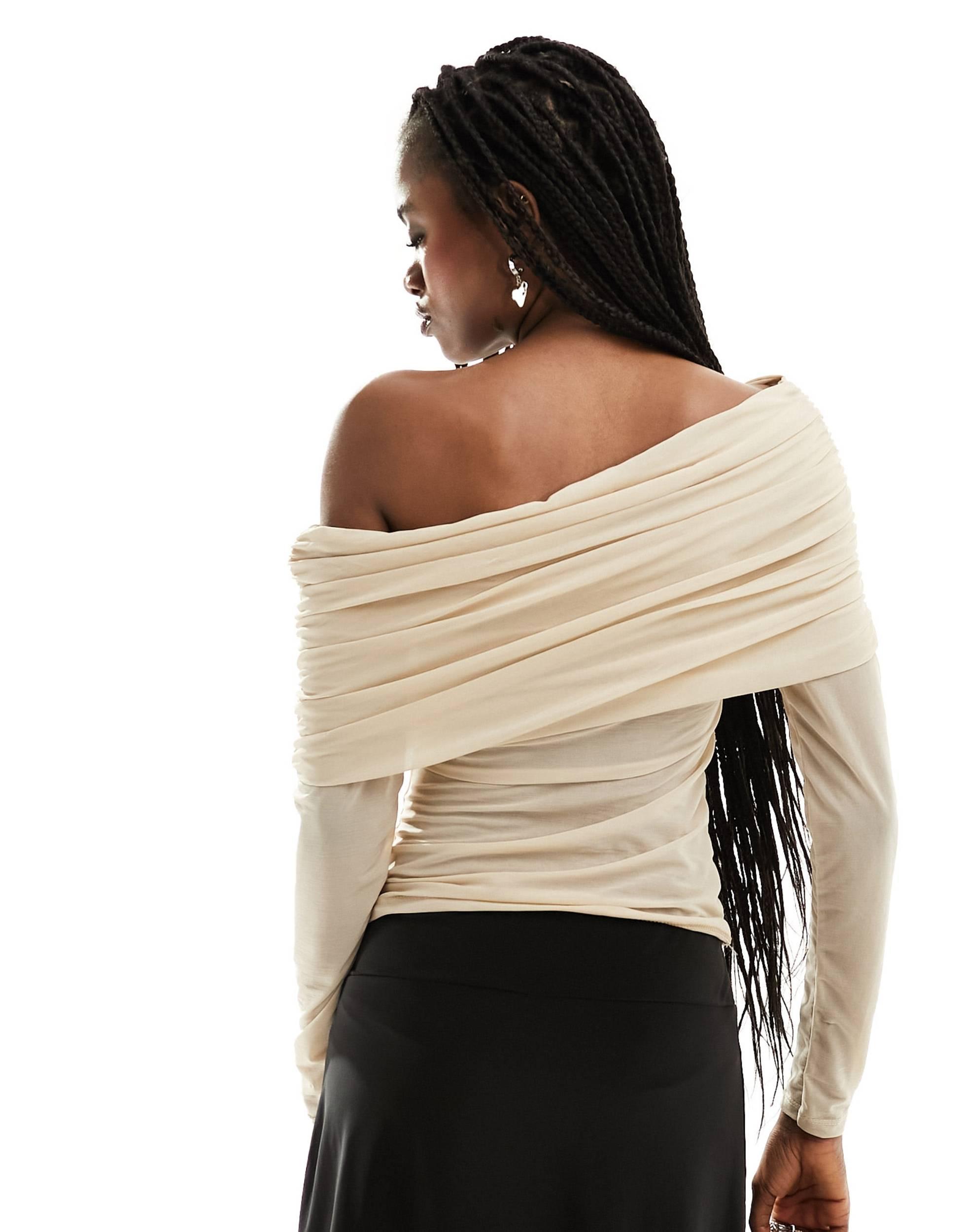 Motel off shoulder fold over slinky long sleeve top in camel