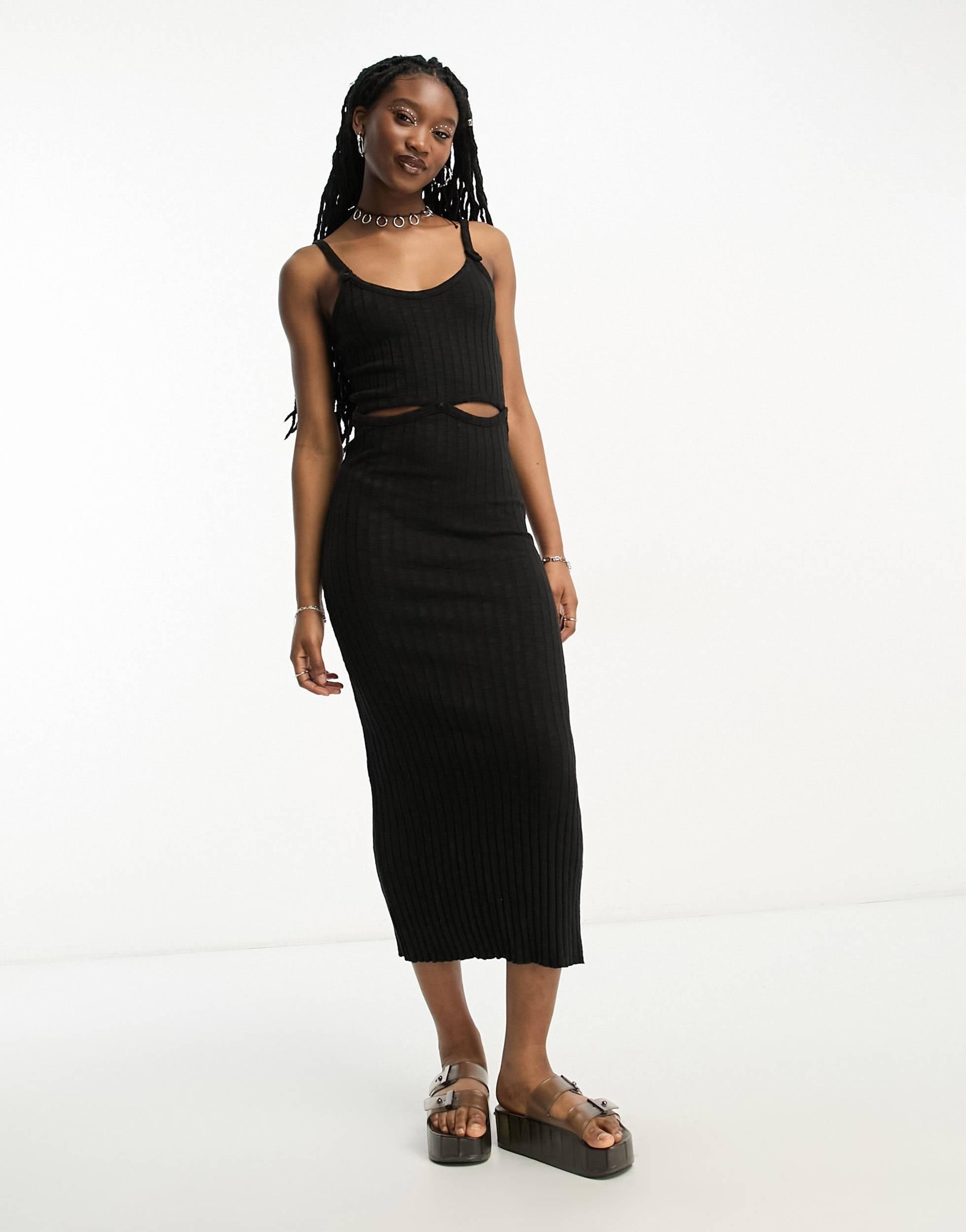 COLLUSION heavy rib cut out cami maxi dress in black