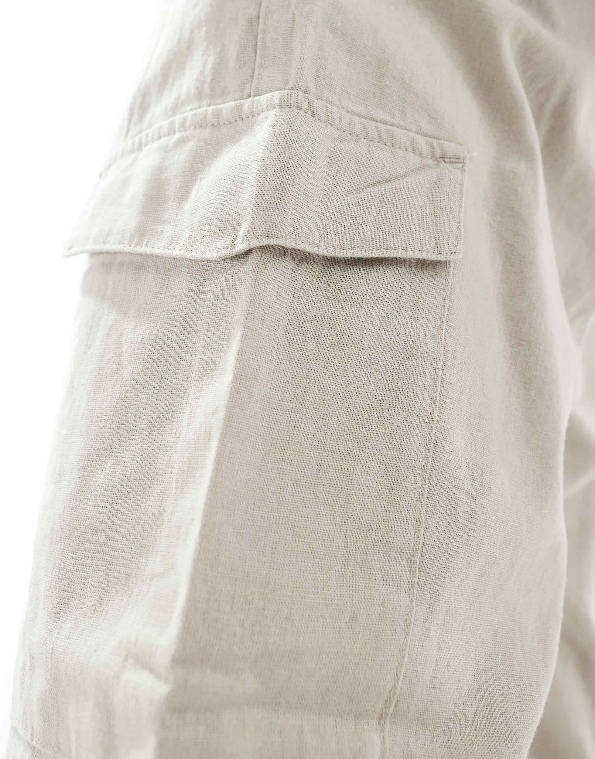 Brave Soul linen look elastic waist cargo pants in light stone