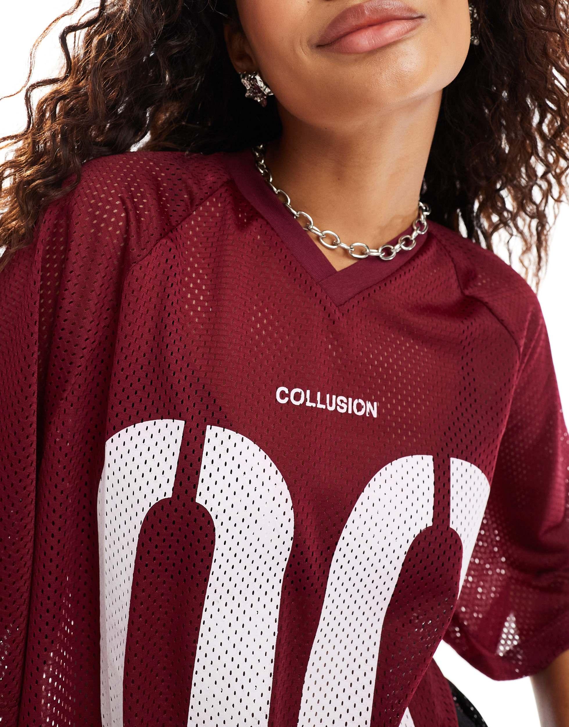 COLLUSION oversized sports tee with number graphic in burgundy