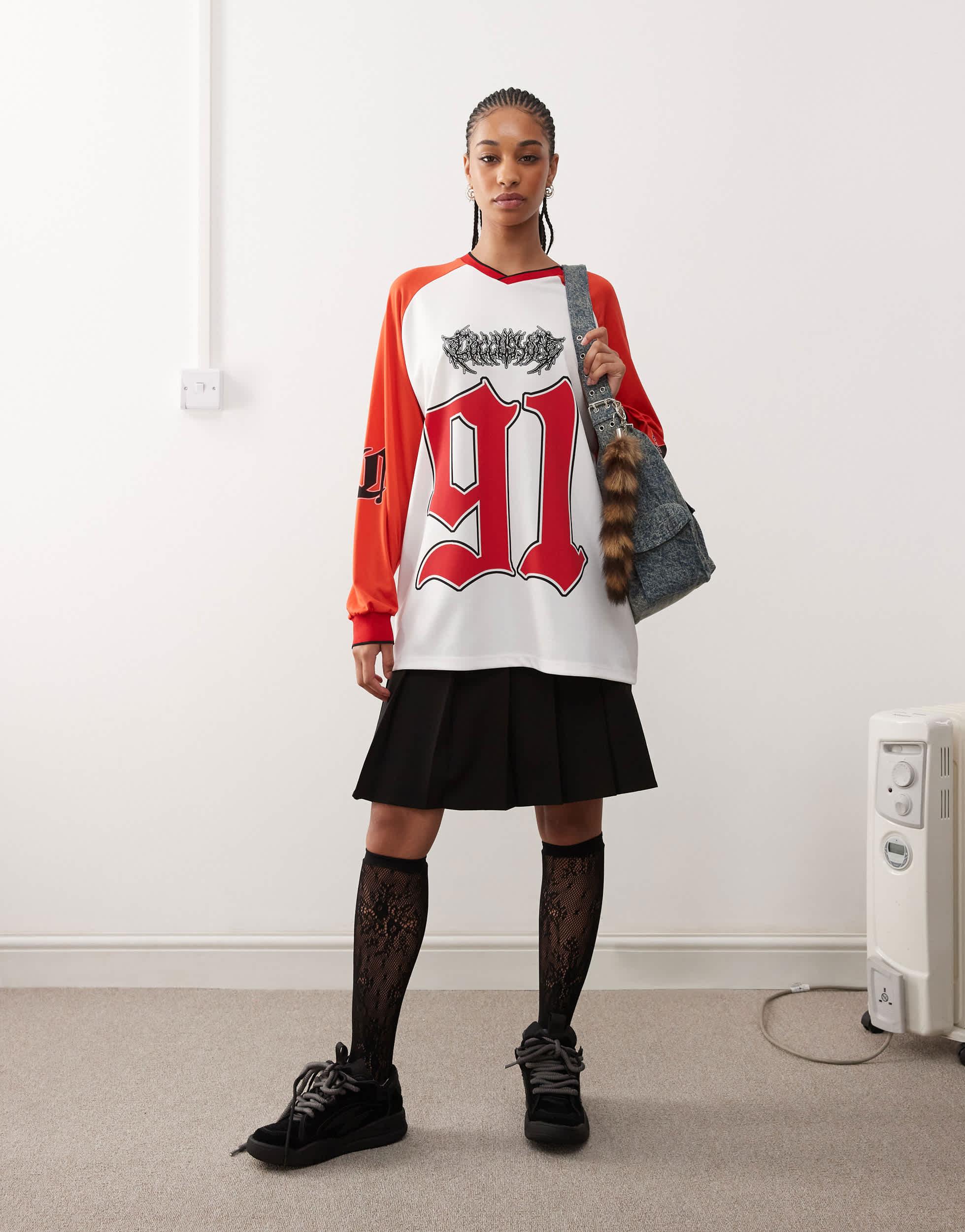 COLLUSION oversized long sleeve T-shirt with vintage 91 graphic in red and ecru