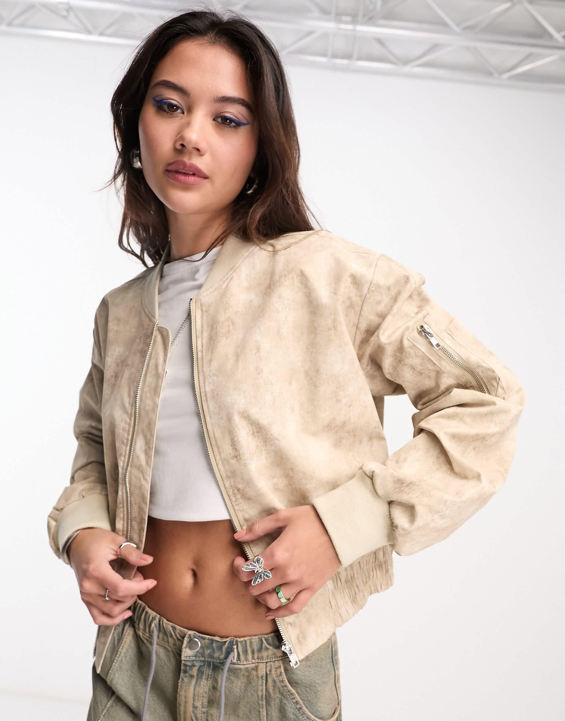 COLLUSION distressed printed bomber jacket in neutral