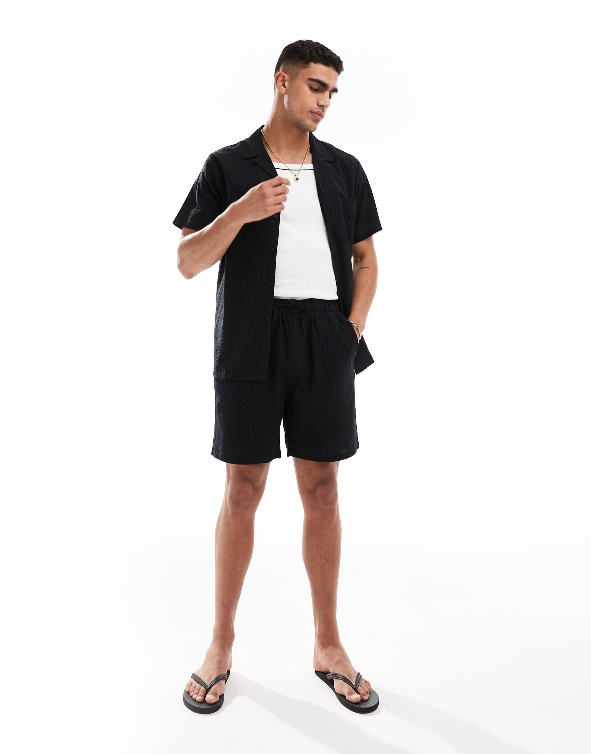 South Beach tonal seersucker stripe beach shorts in black