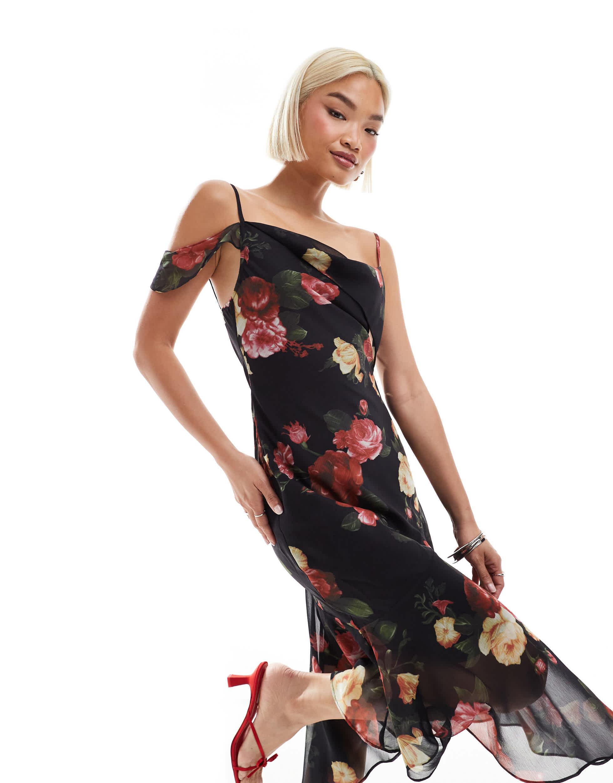 Motel dansya renaissance rose print ruffle cami dress in multi