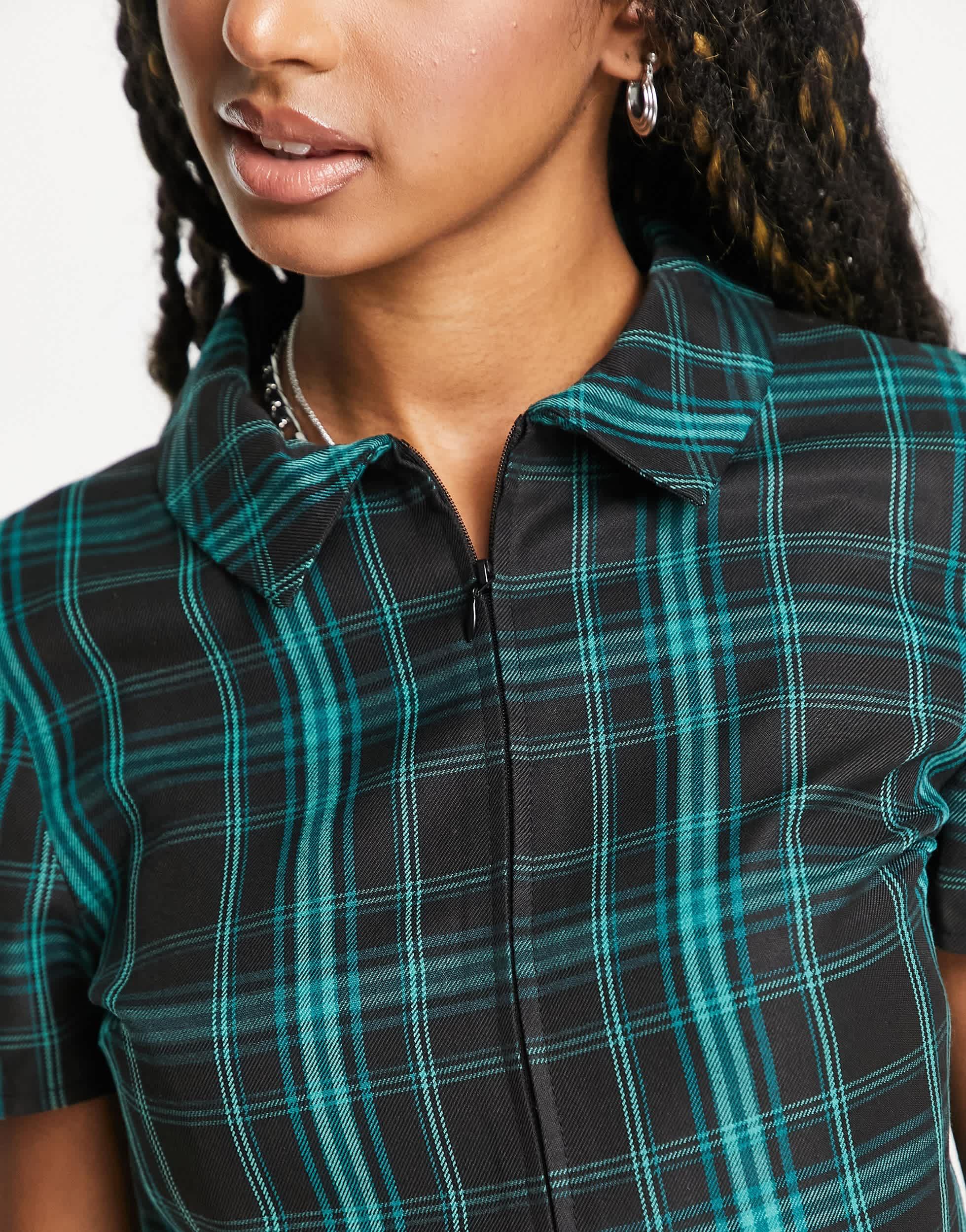 COLLUSION short sleeve check shirt in dark green - part of a set