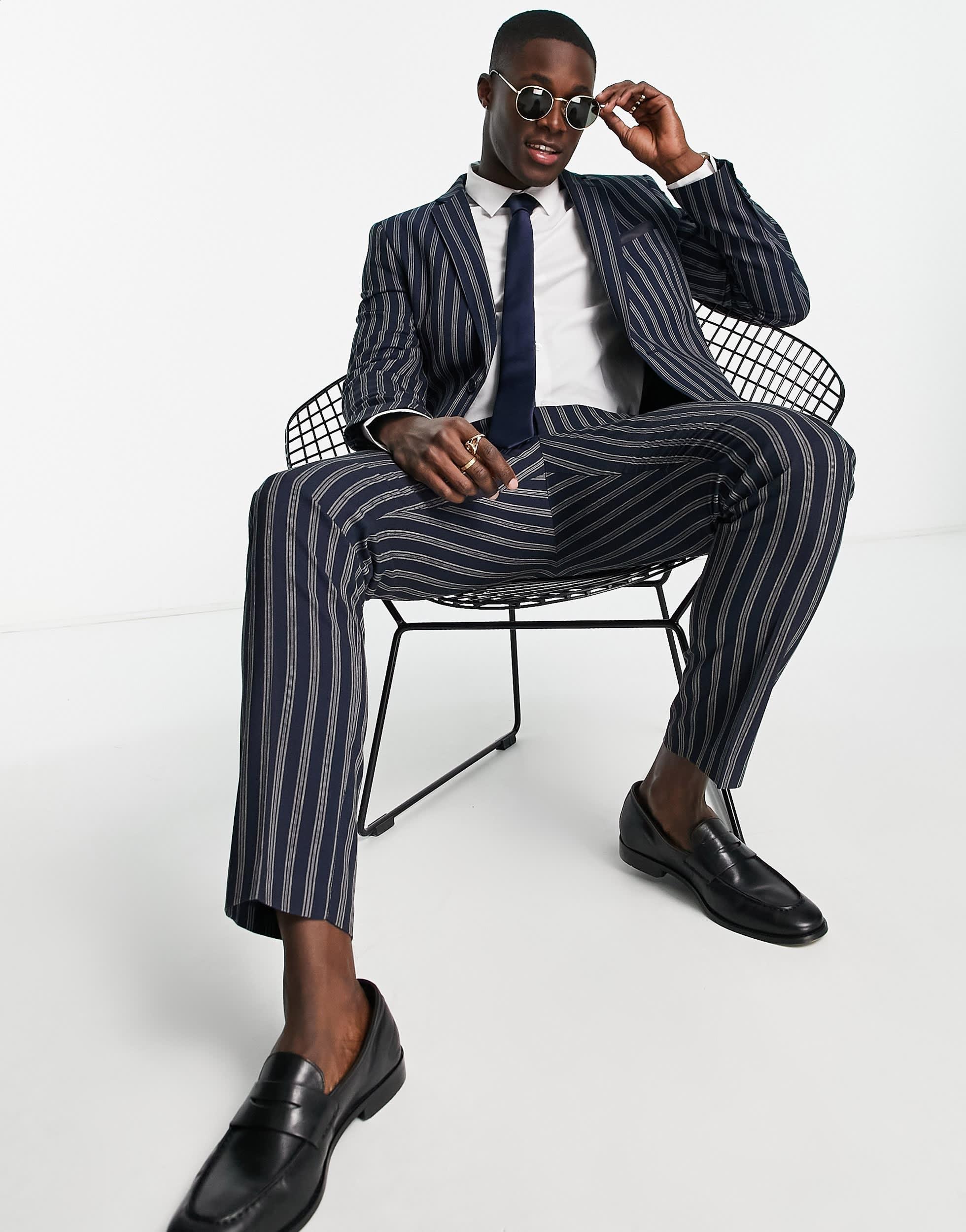 French Connection stripe linen suit jacket in navy