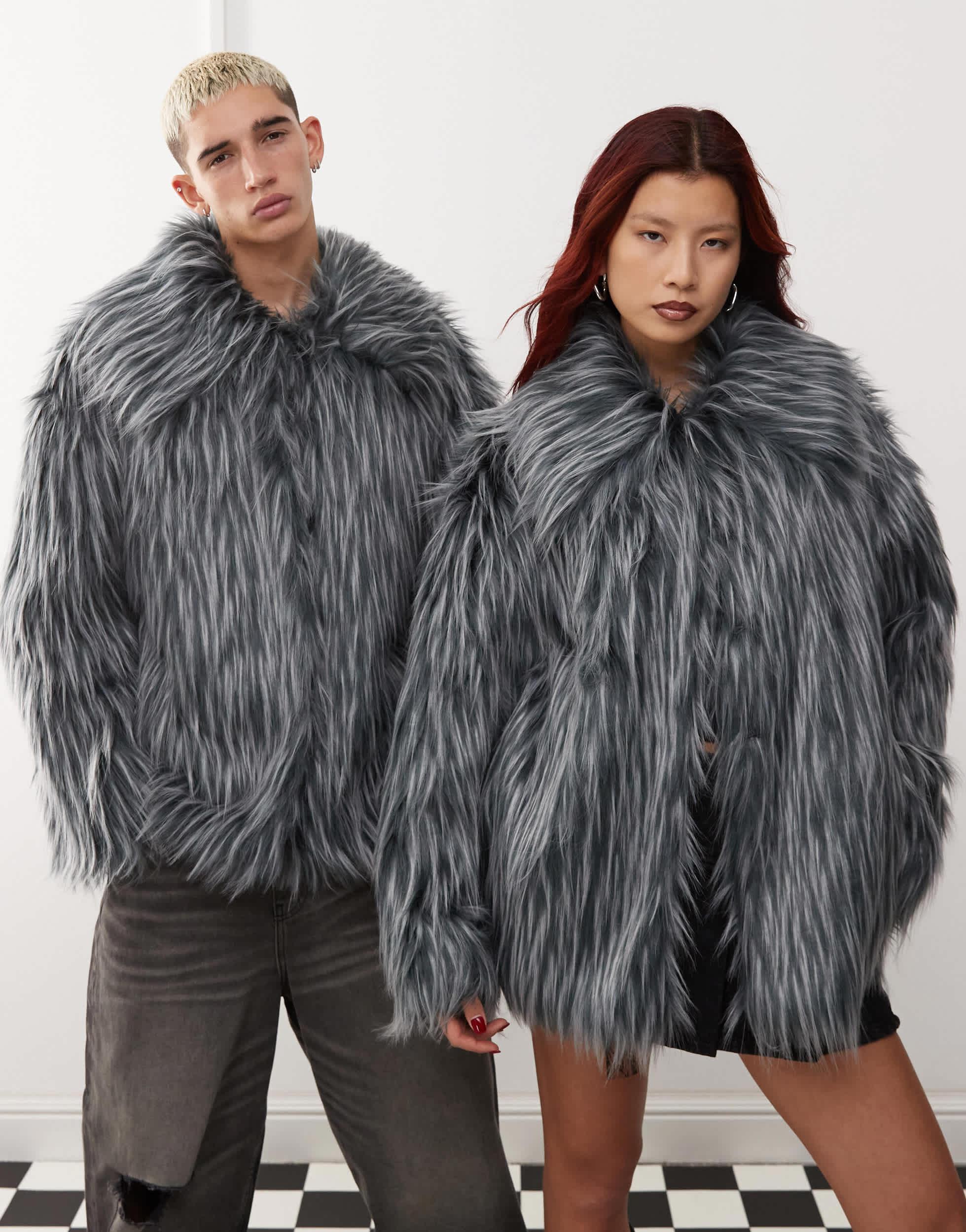 COLLUSION Unisex contrast tipped faux fur jacket in gray