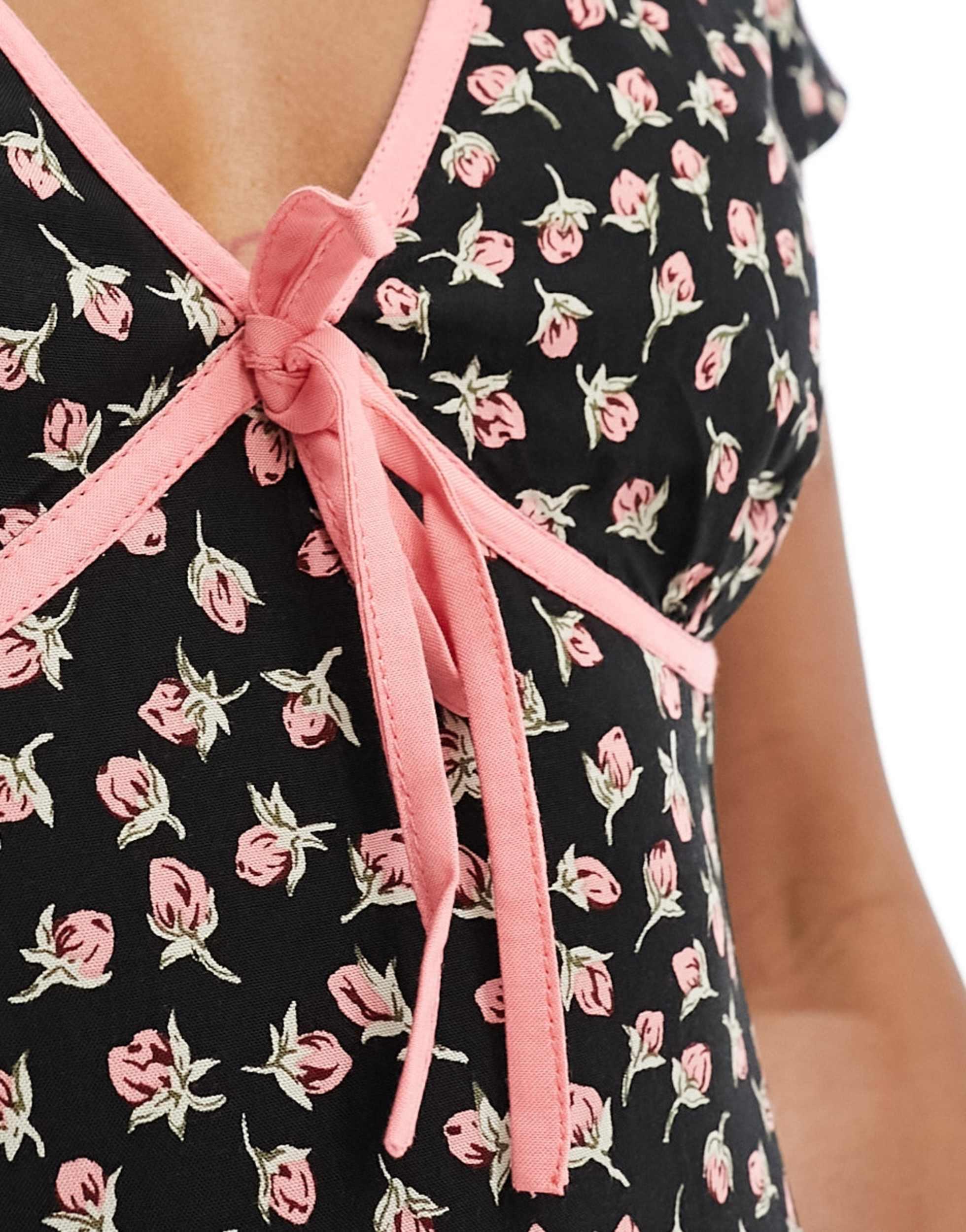 Motel ditsy floral bow detail midi dress in pink and black