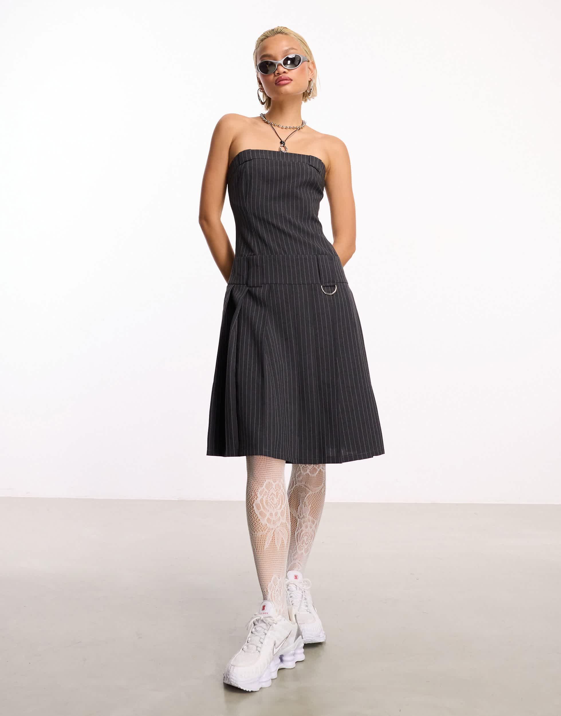 COLLUSION office siren midi kilt bandeau dress in gray pinstripe