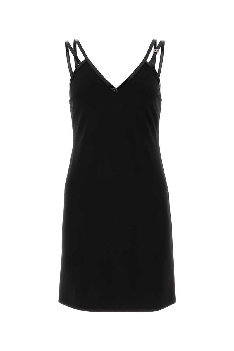 Mini Black Dress with Black Leather Trim and Double Strap in Stretch Viscose Woman