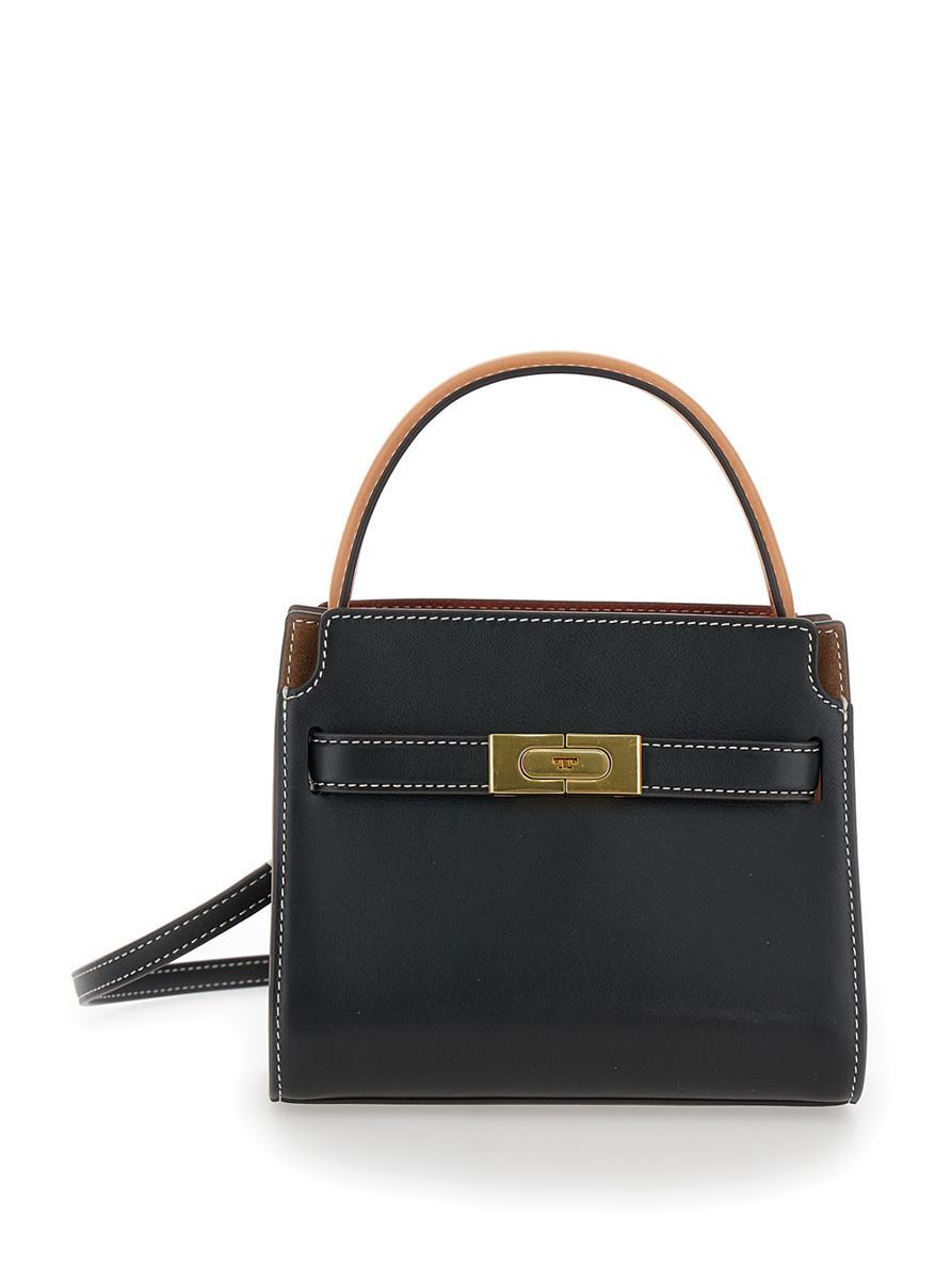 'Petite Double Lee Radziwill' Black Handbag With Engraved Logo In Leather Woman