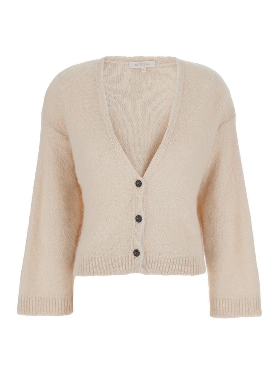 'Poseidone' Beige Cardigan with V Neck in Wool Blend Woman