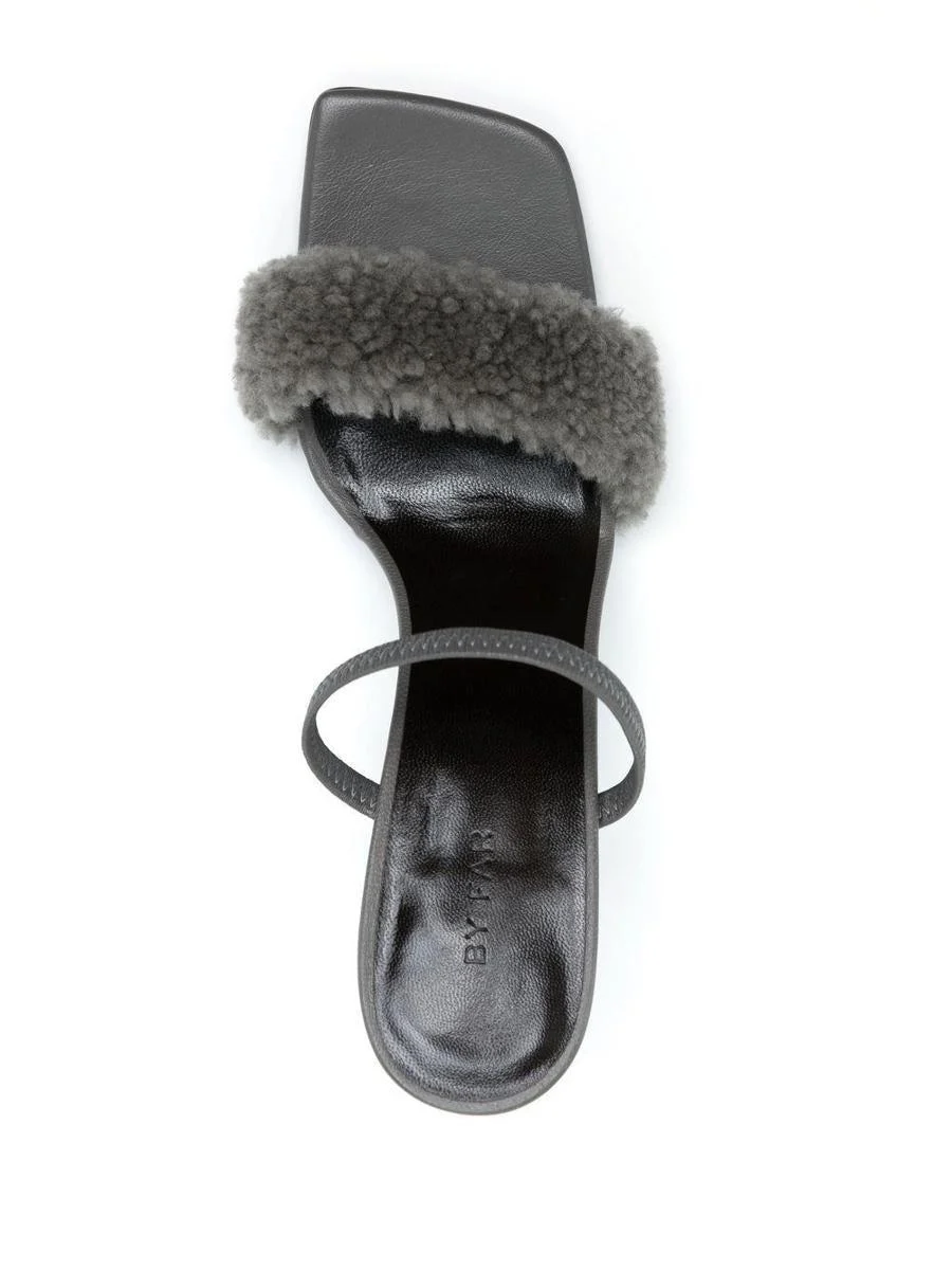 By Far Shearling Strap Open Toe Heels