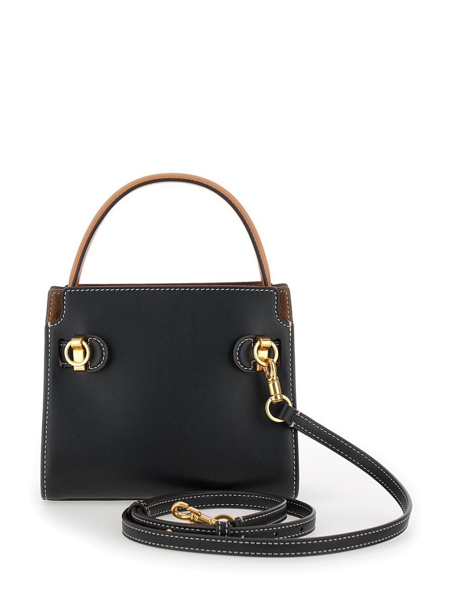 'Petite Double Lee Radziwill' Black Handbag With Engraved Logo In Leather Woman