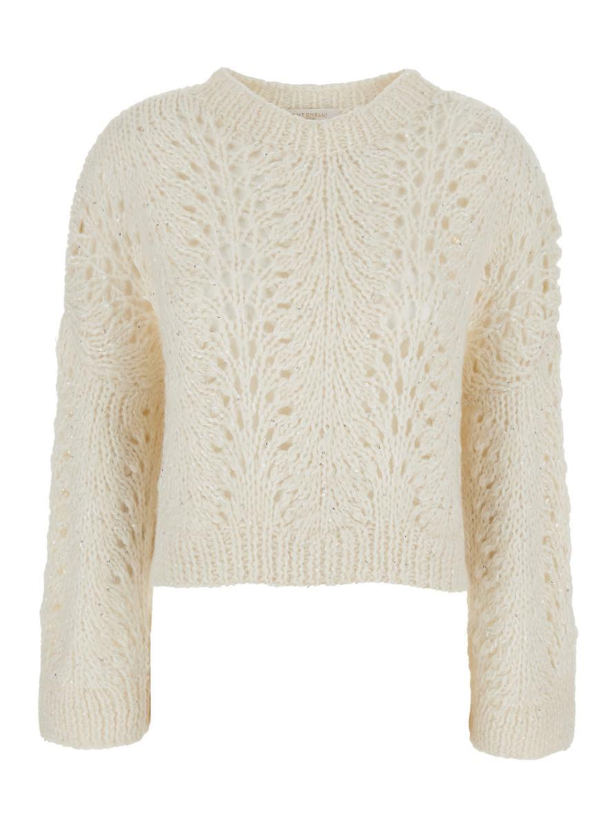 'Criseide' Beige Crewneck Sweater in Open Knit Woman