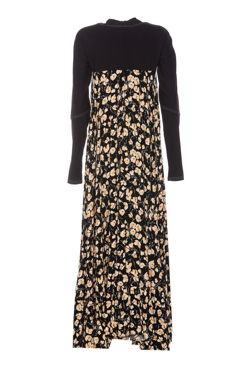 Black Floral-print Maxi-lenght Dress With Jersey Top