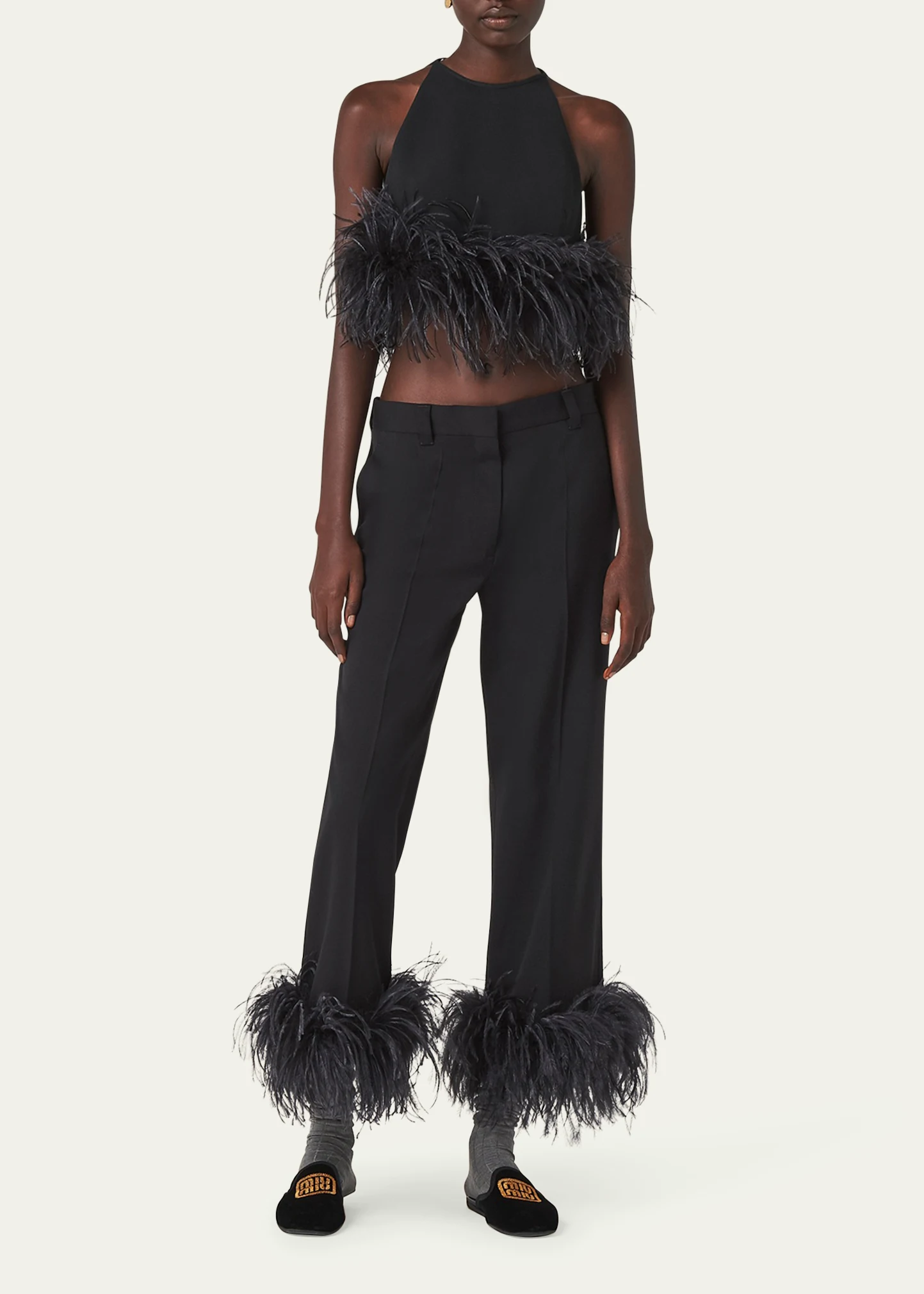 Wool Wide Leg Pants with Feather Trim