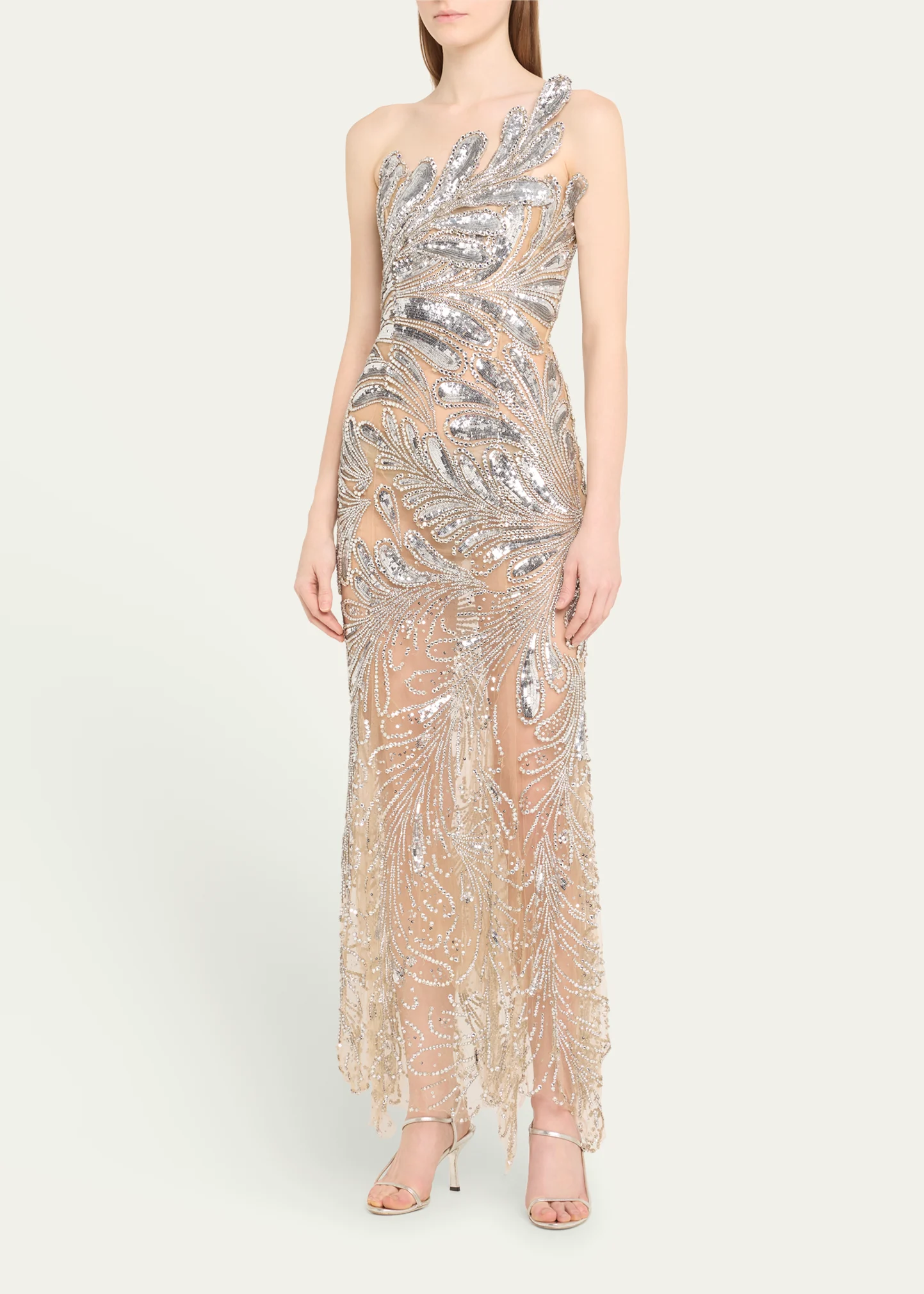 One-Shoulder Crystal Fern Embellished Column Gown