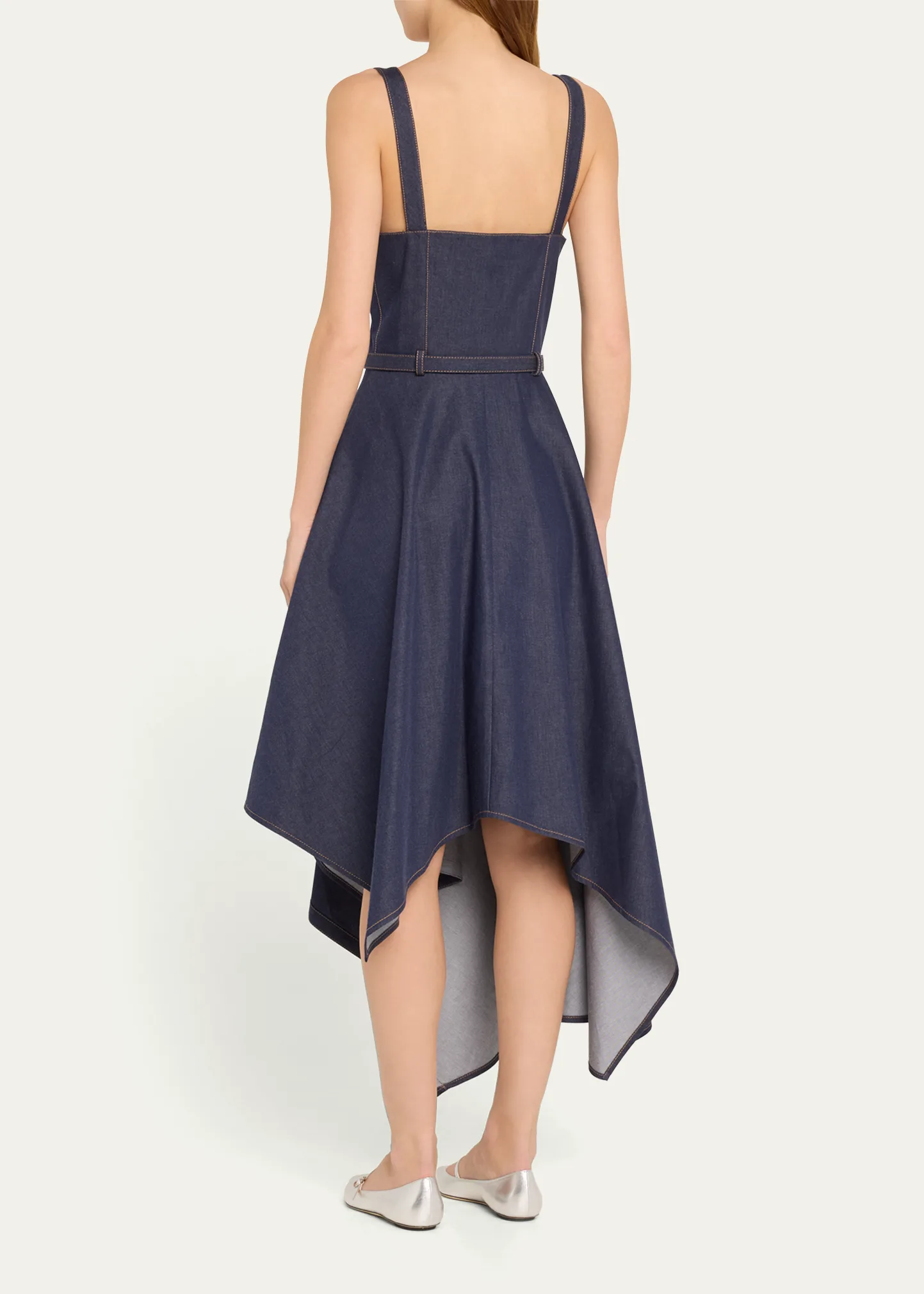 Denim Asymmetric Flared Midi Dress