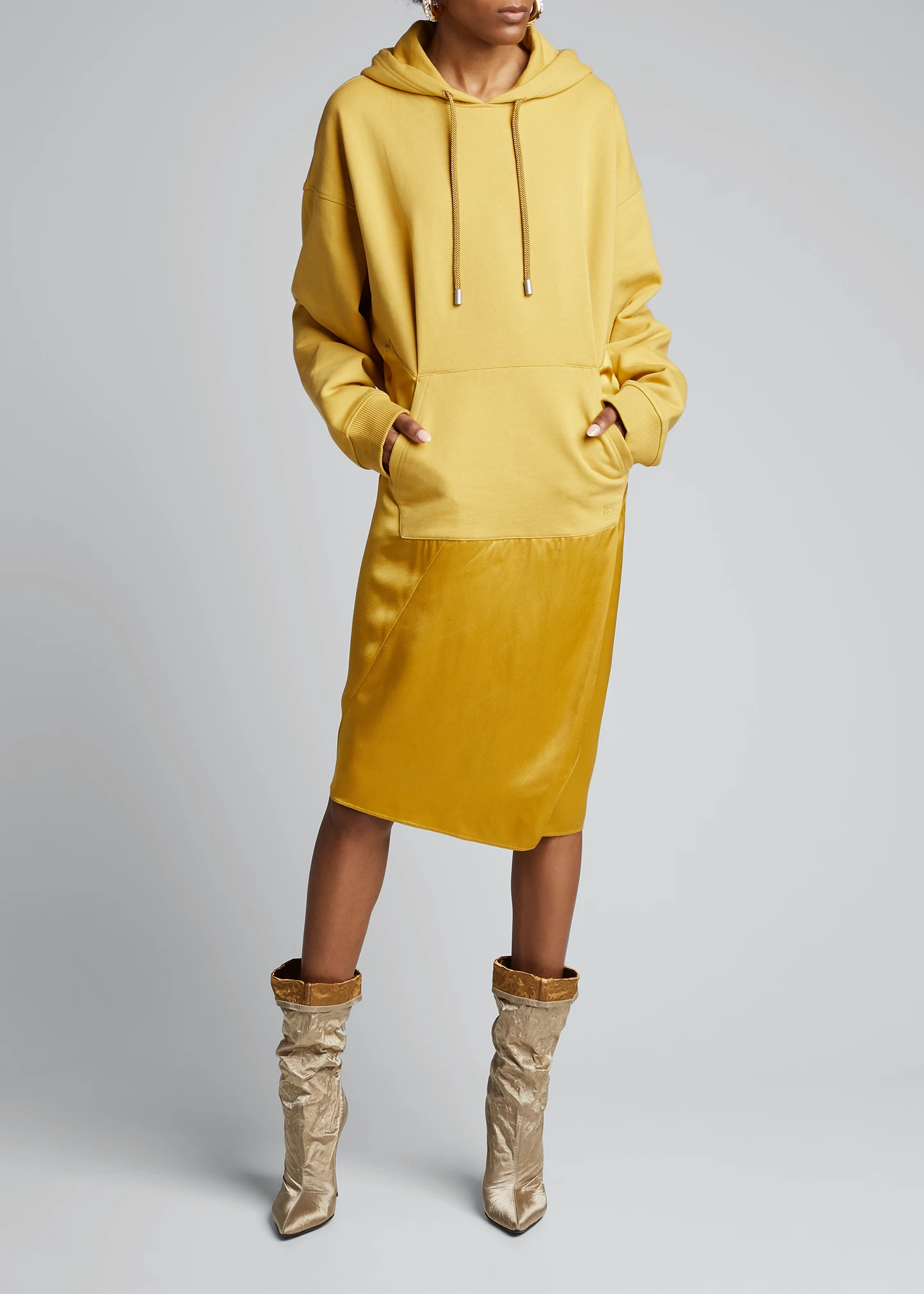 Satin-Skirt Hoodie Dress, Mustard