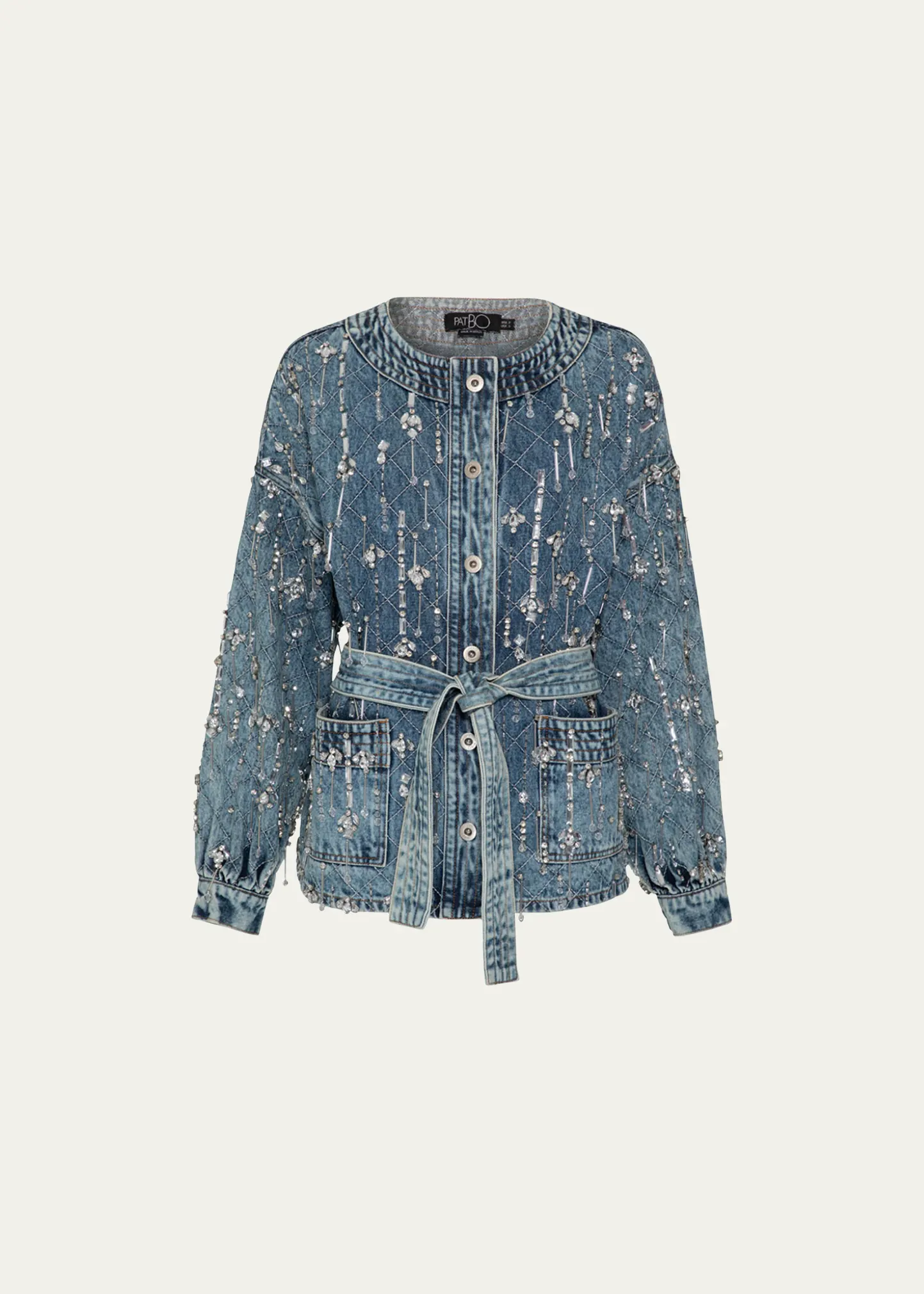 Hand-Beaded Faux Pearl and Rhinestone Denim Jacket