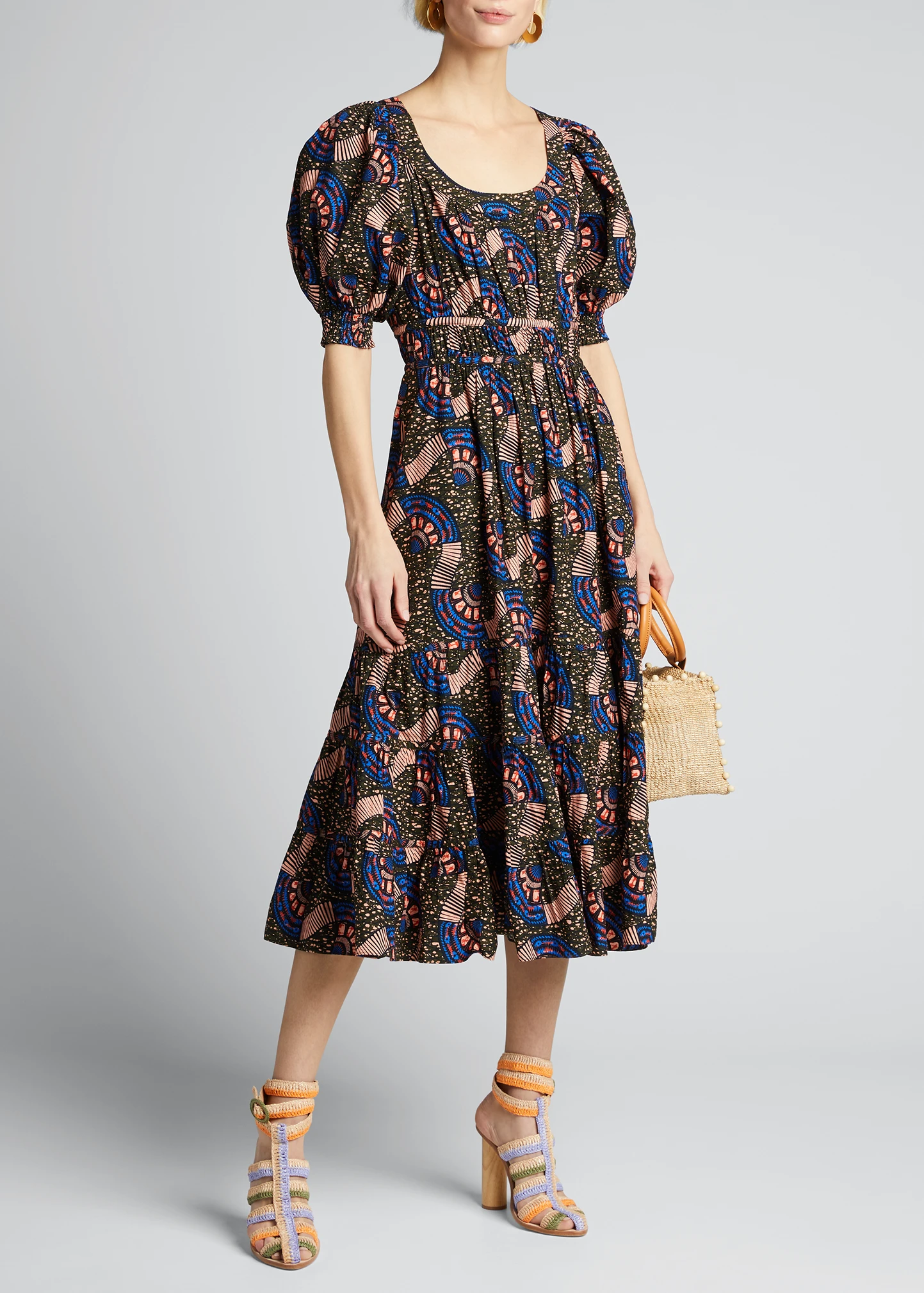 Juniper Puff-Sleeve Printed Midi Dress