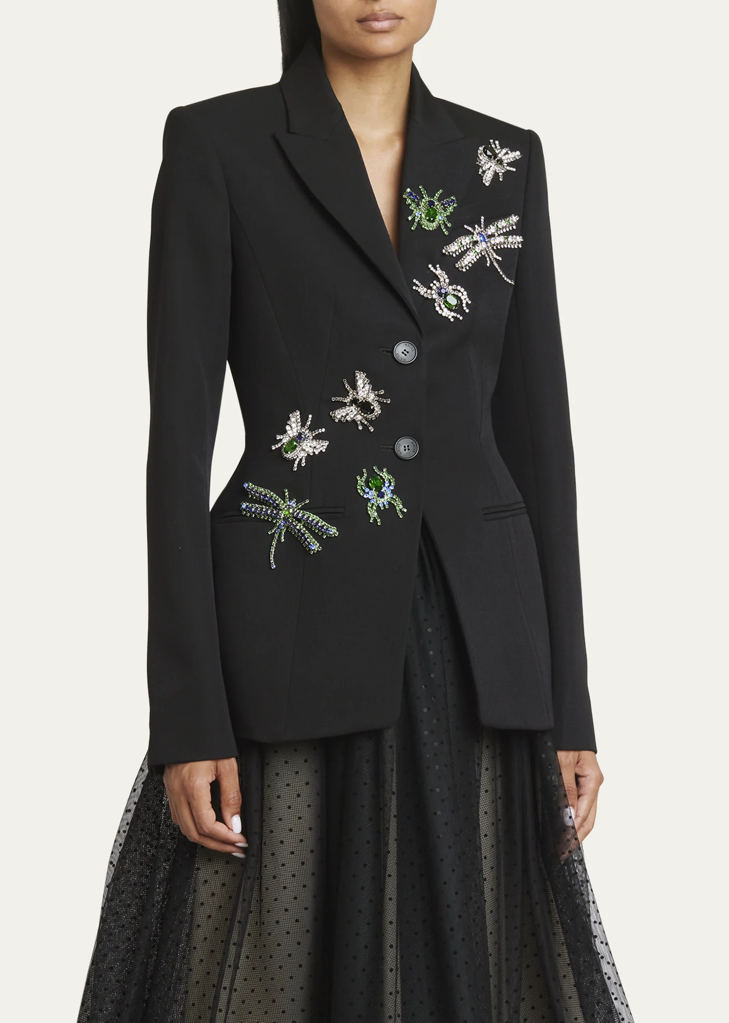 Crystal Bug Embellished Single-Breasted Blazer