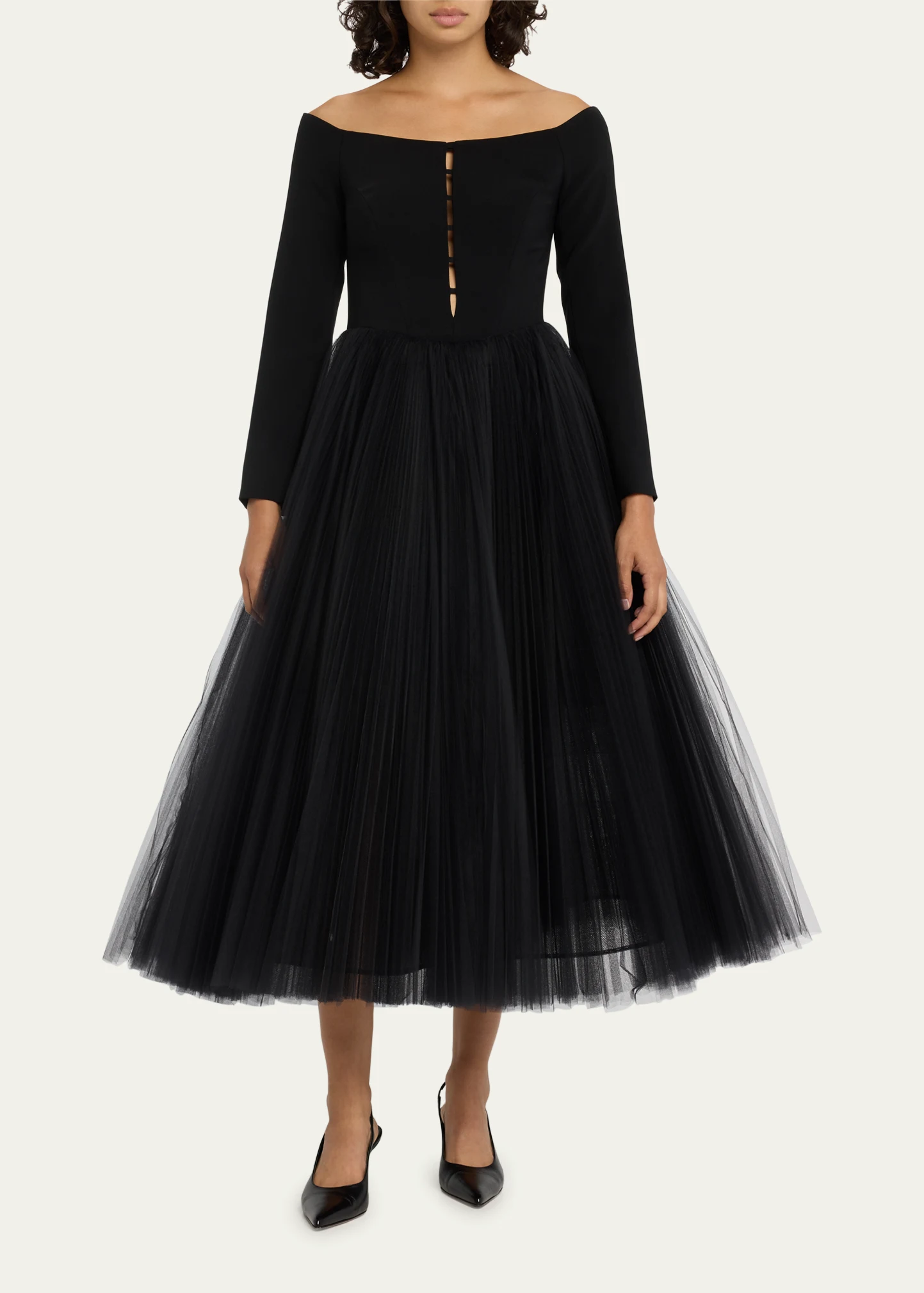 Off-Shoulder Cutout Pleated Skirt Midi Dress