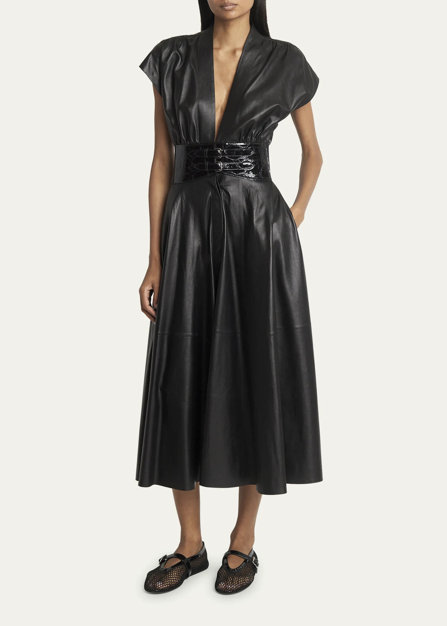 Leather Belted V-Neck Flared Midi Dress