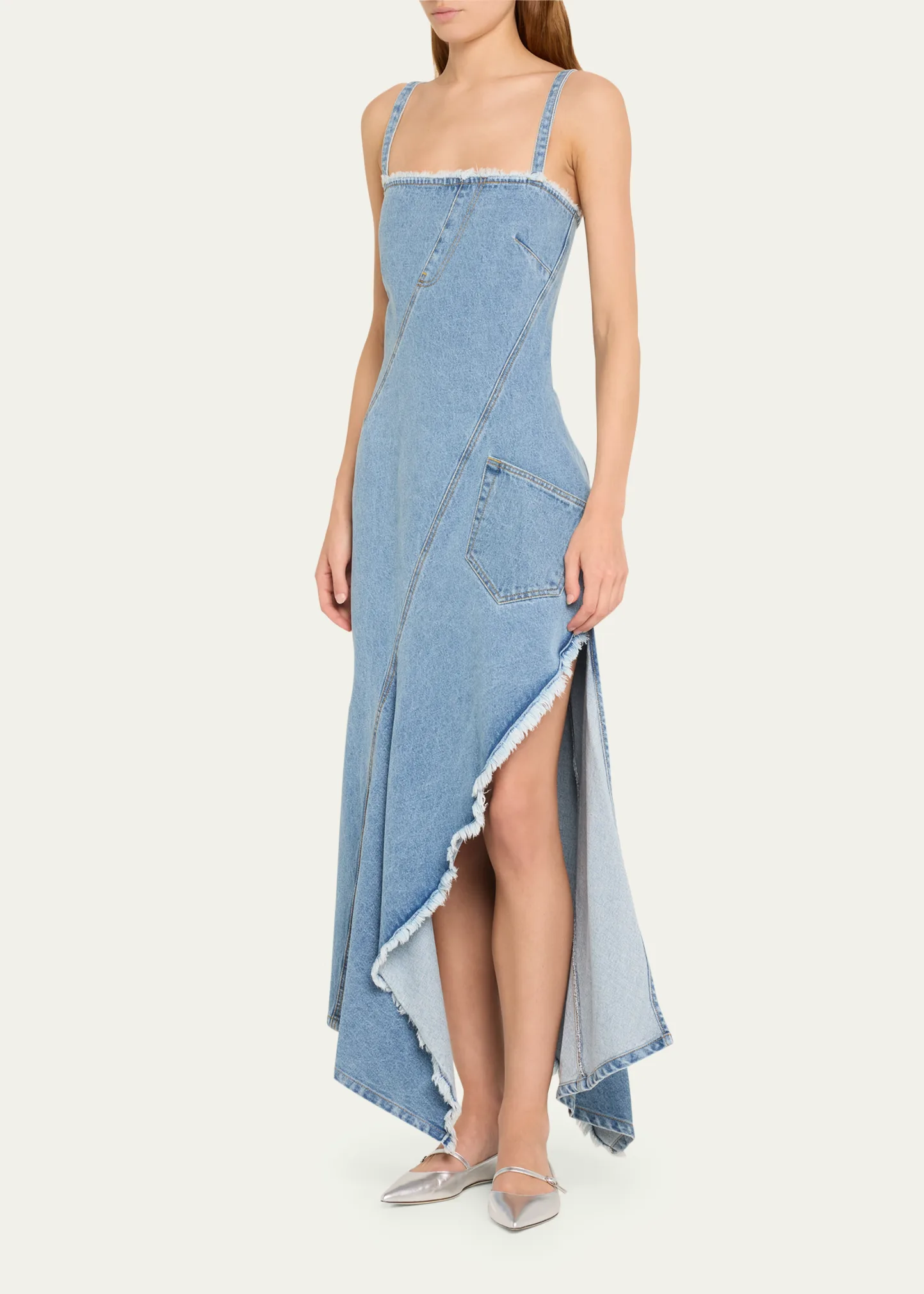 Twisted Denim Raw Trim Asymmetric Dress