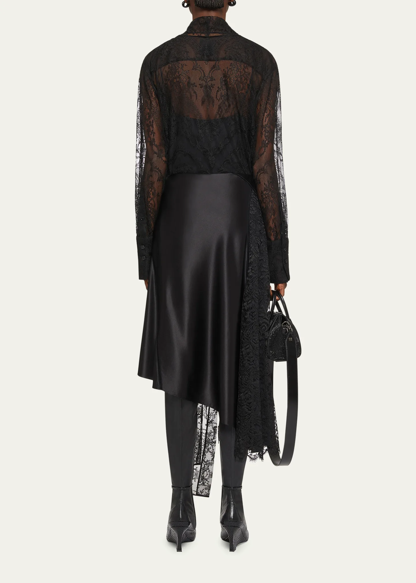 Lace Insert Asymmetric Silk Midi Skirt