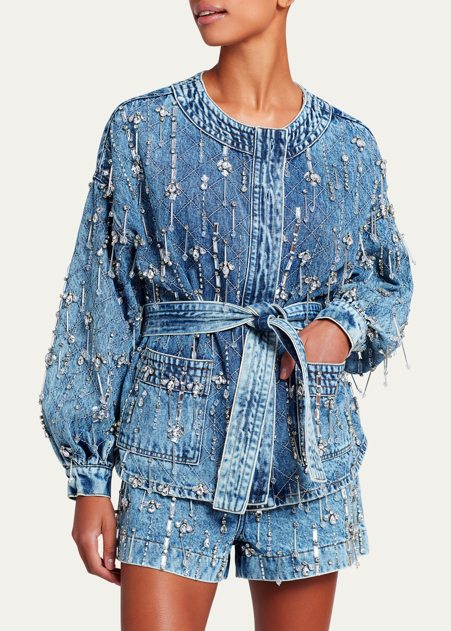 Hand-Beaded Faux Pearl and Rhinestone Denim Jacket