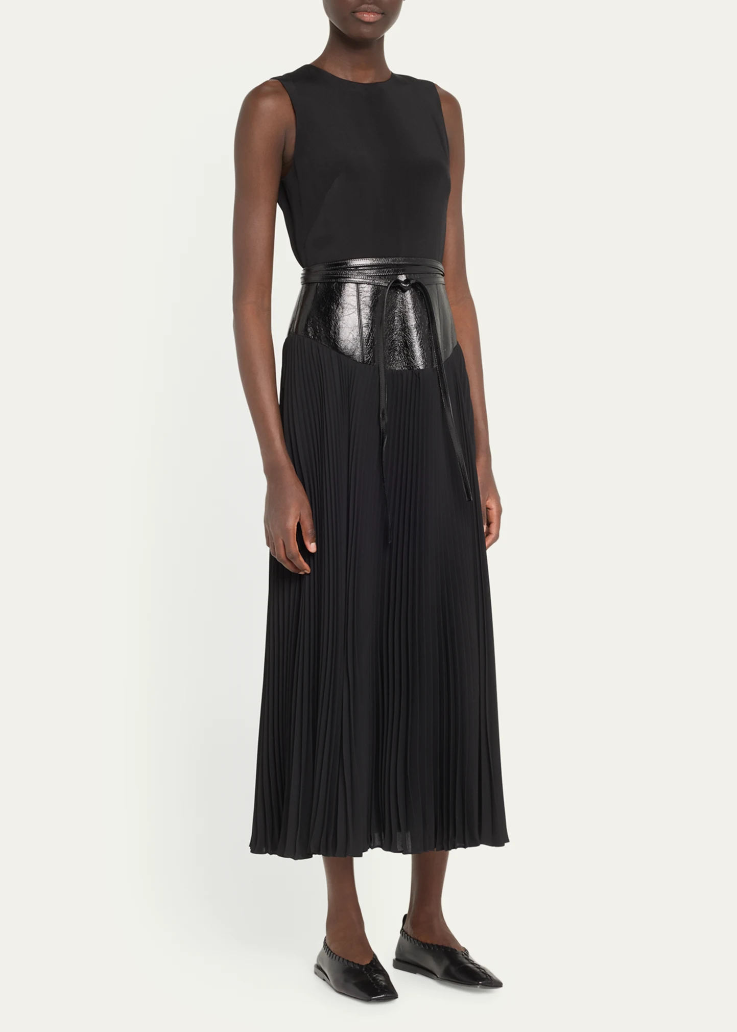 Leather Belt Gown with Pleated Skirt