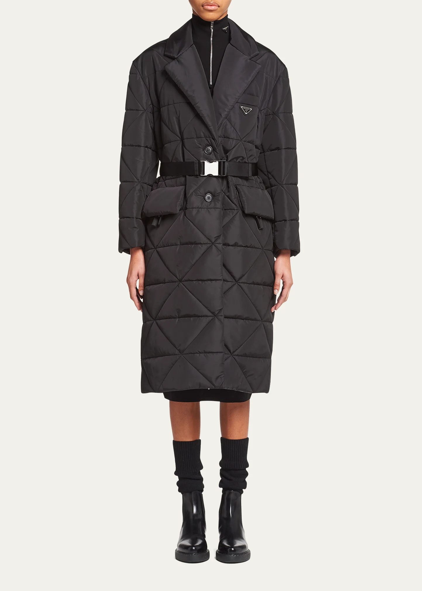 Re-Nylon Long Quilted Raincoat w/ Belt