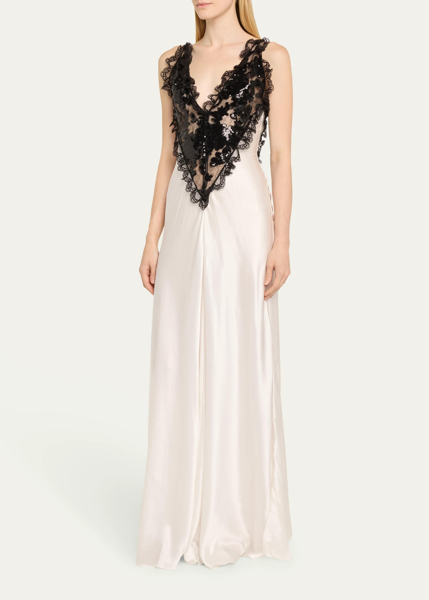 Sequined Lace-Trim Satin Dress