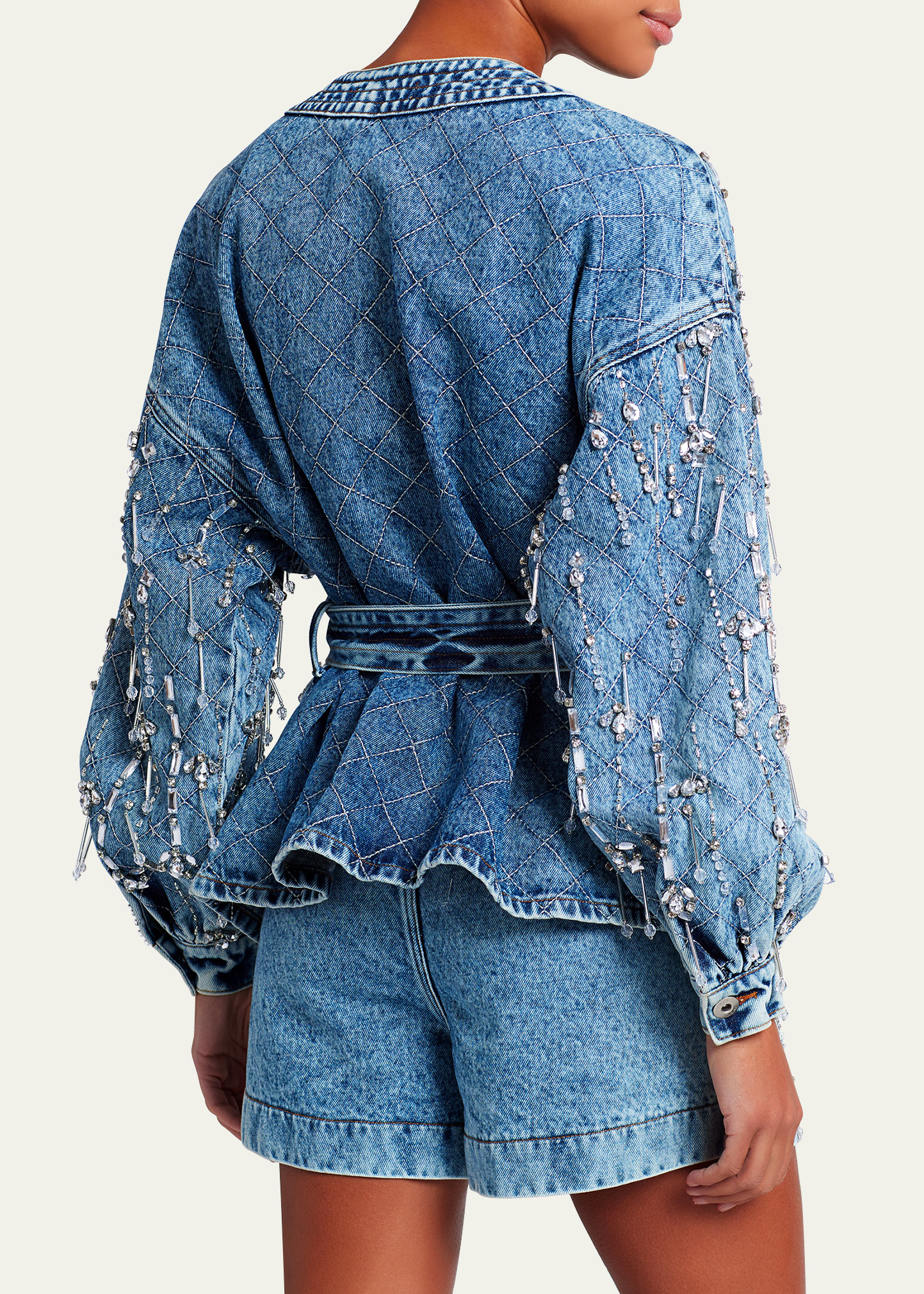 Hand-Beaded Faux Pearl and Rhinestone Denim Jacket