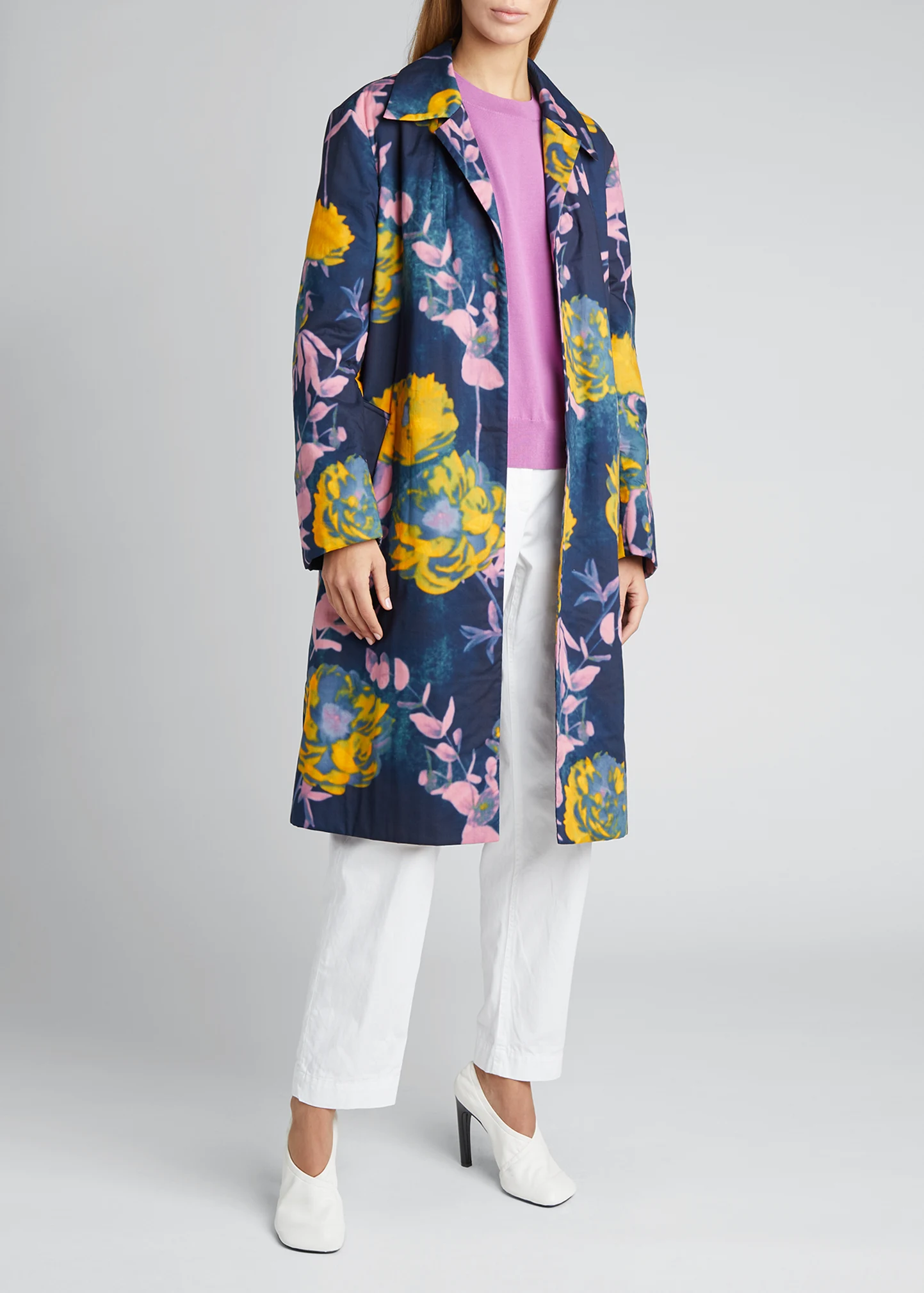 Floral Open-Front Midi Coat