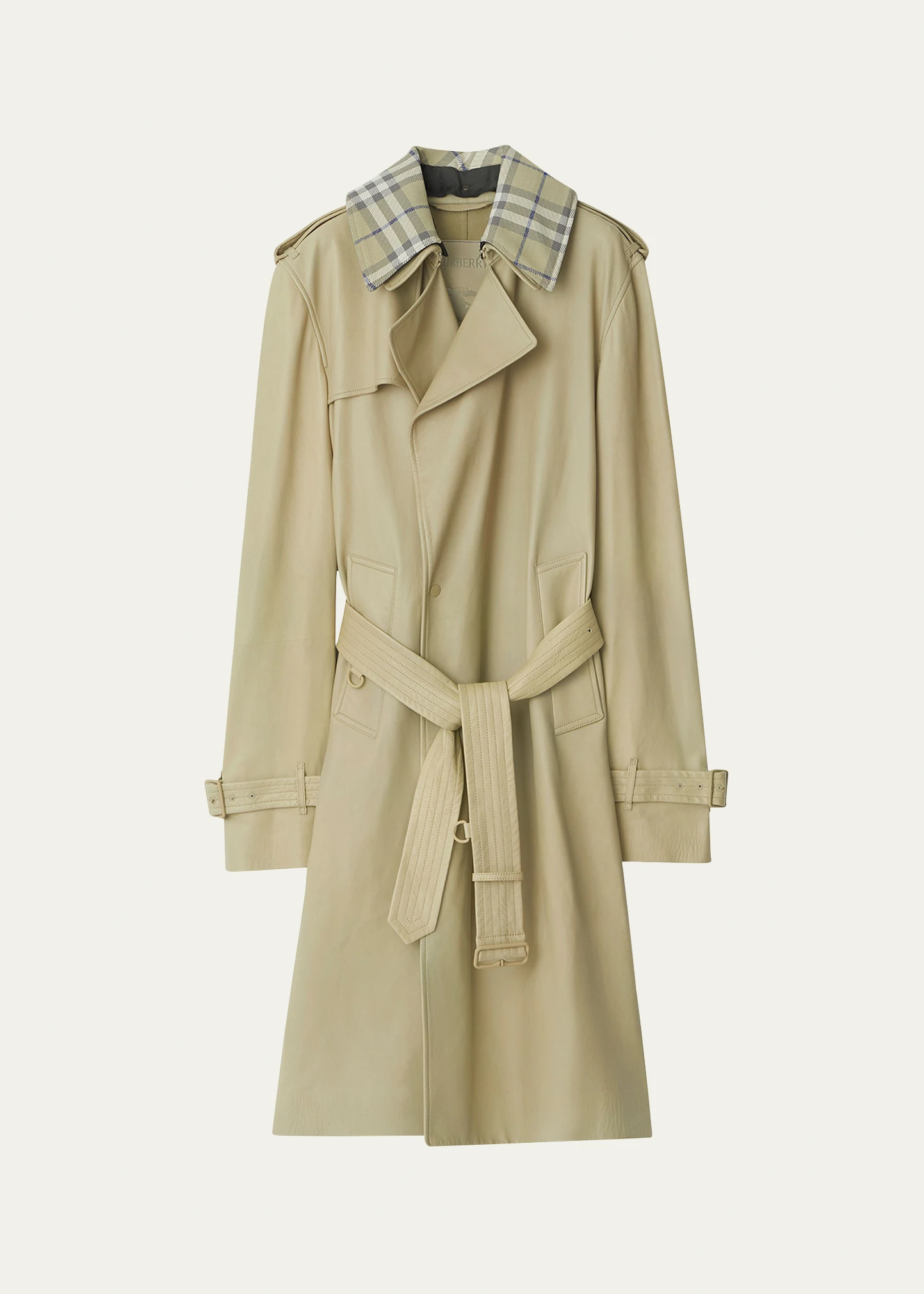 Leather Trench Coat with Check Collar