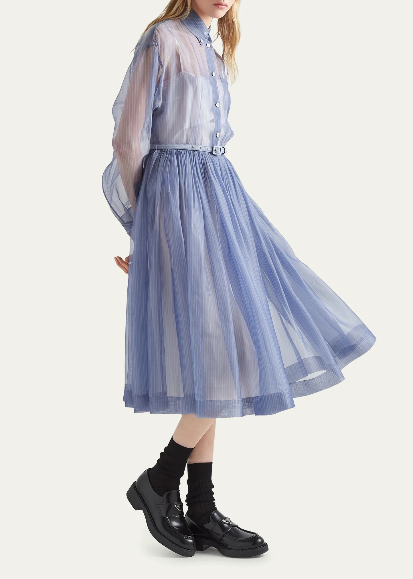 Organza Stripe Belted Midi Dress