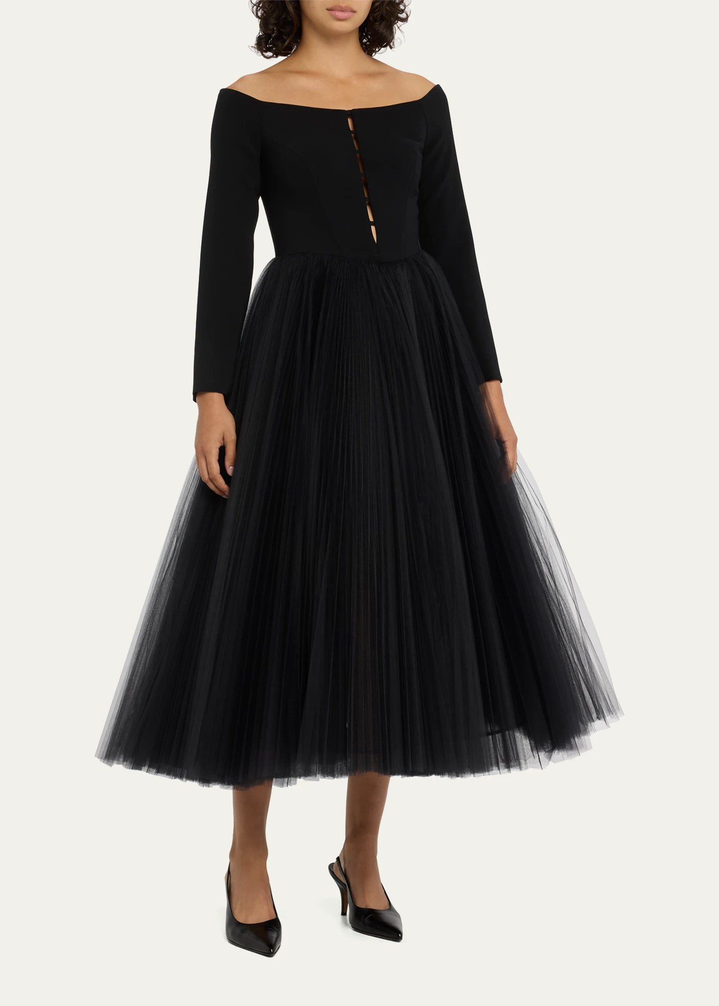 Off-Shoulder Cutout Pleated Skirt Midi Dress